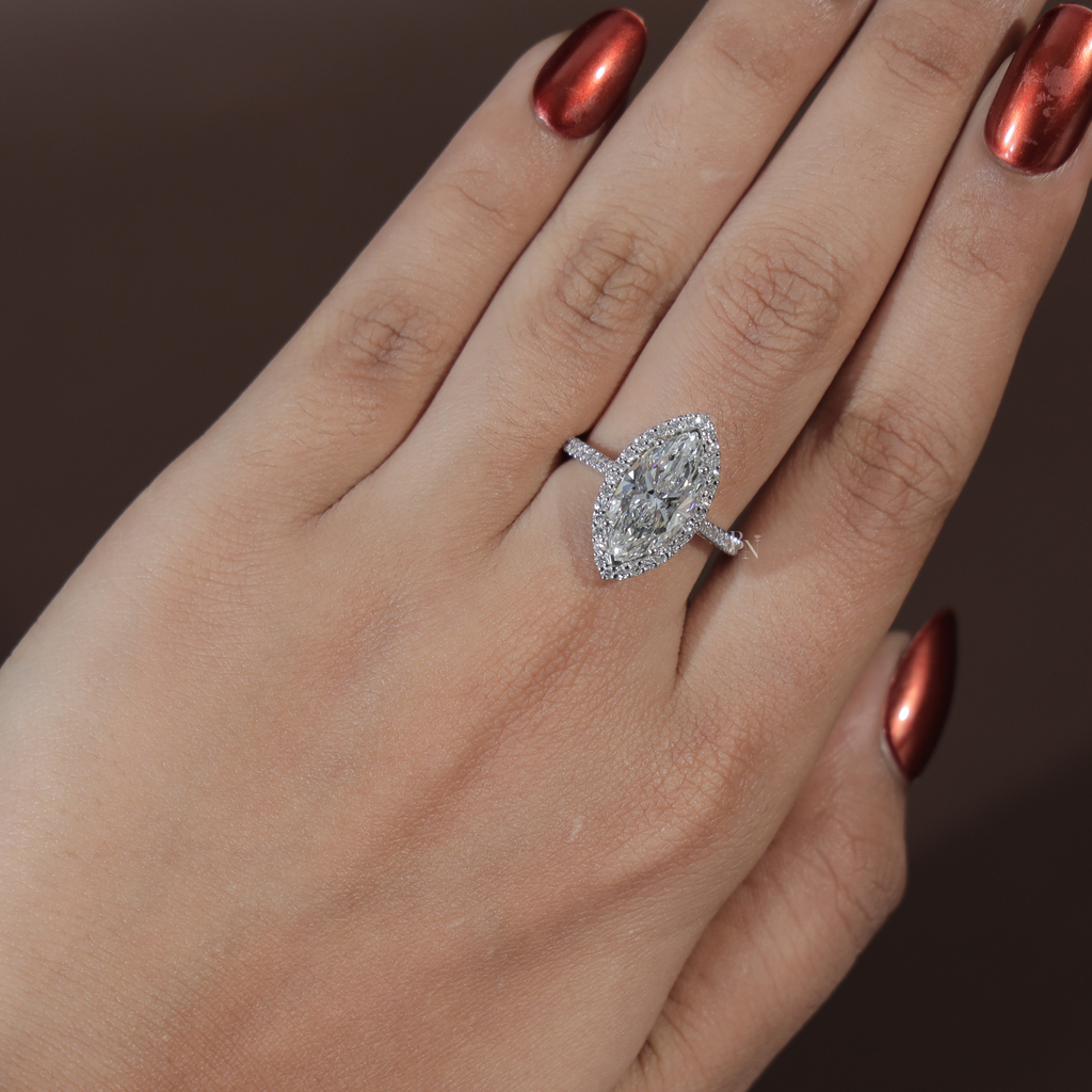3ct Marquise Lab Grown Diamond Engagement Ring | 14K White Gold Halo | IGI Certified Type IIa Diamond | Pave Band Bridal Anniversary Ring