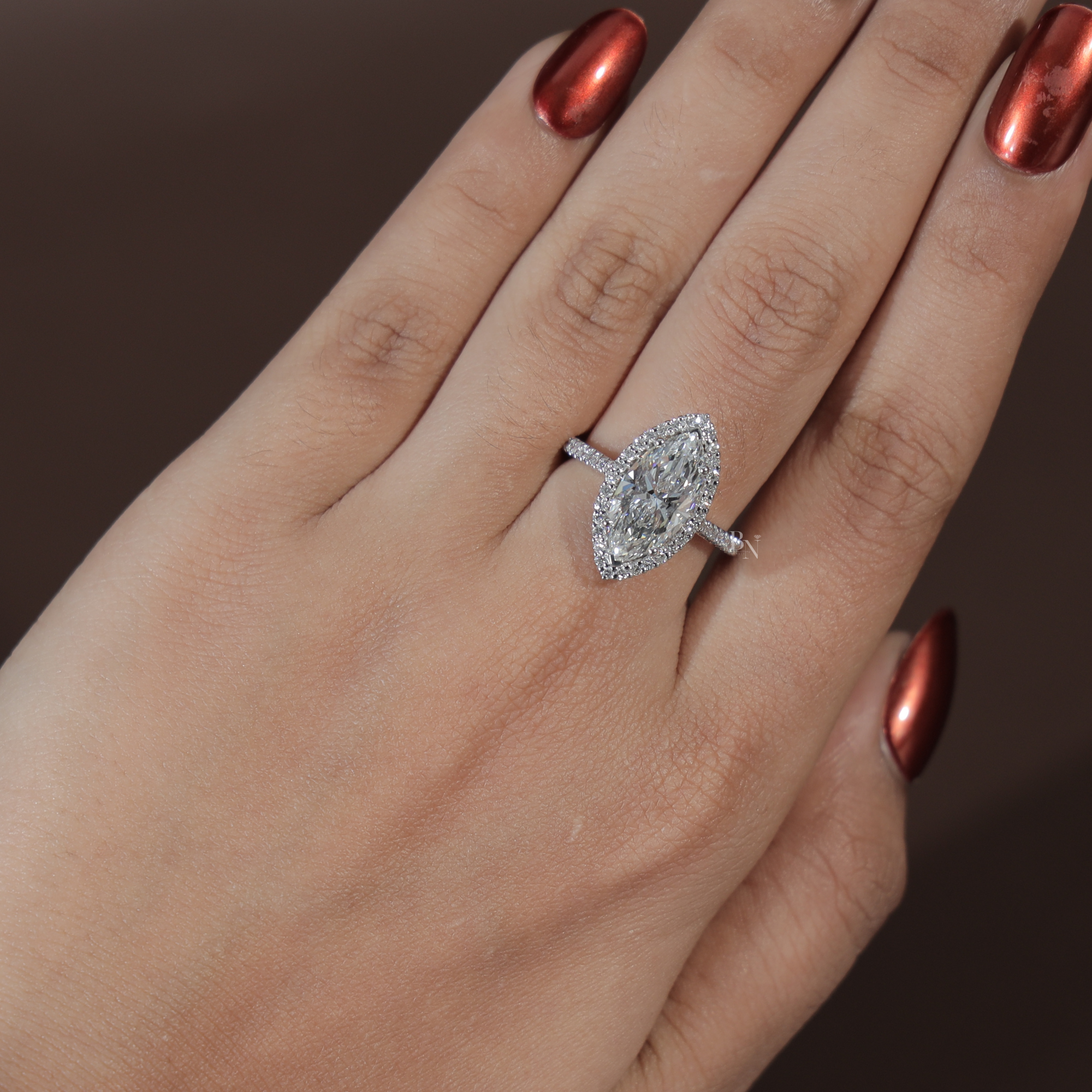 3ct Marquise Lab Grown Diamond Engagement Ring | 14K White Gold Halo | IGI Certified Type IIa Diamond | Pave Band Bridal Anniversary Ring