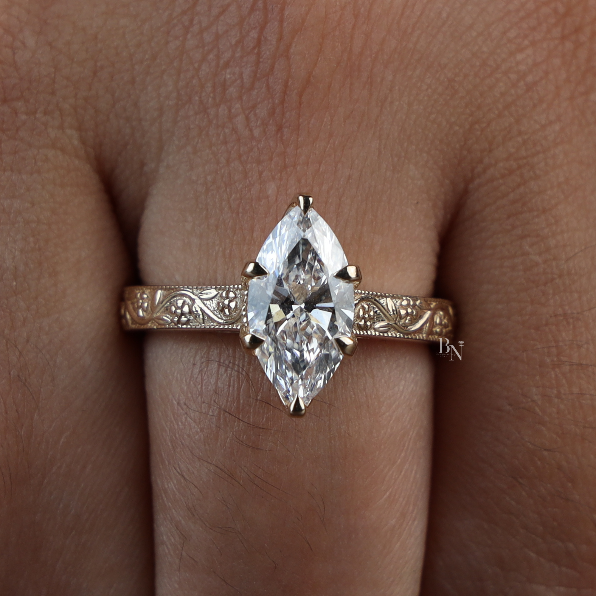 2 Carat Marquise Lab Grown Diamond Ring | Vintage Engraved Engagement Ring | Art Deco Wedding Band | Heirloom Quality Solitaire