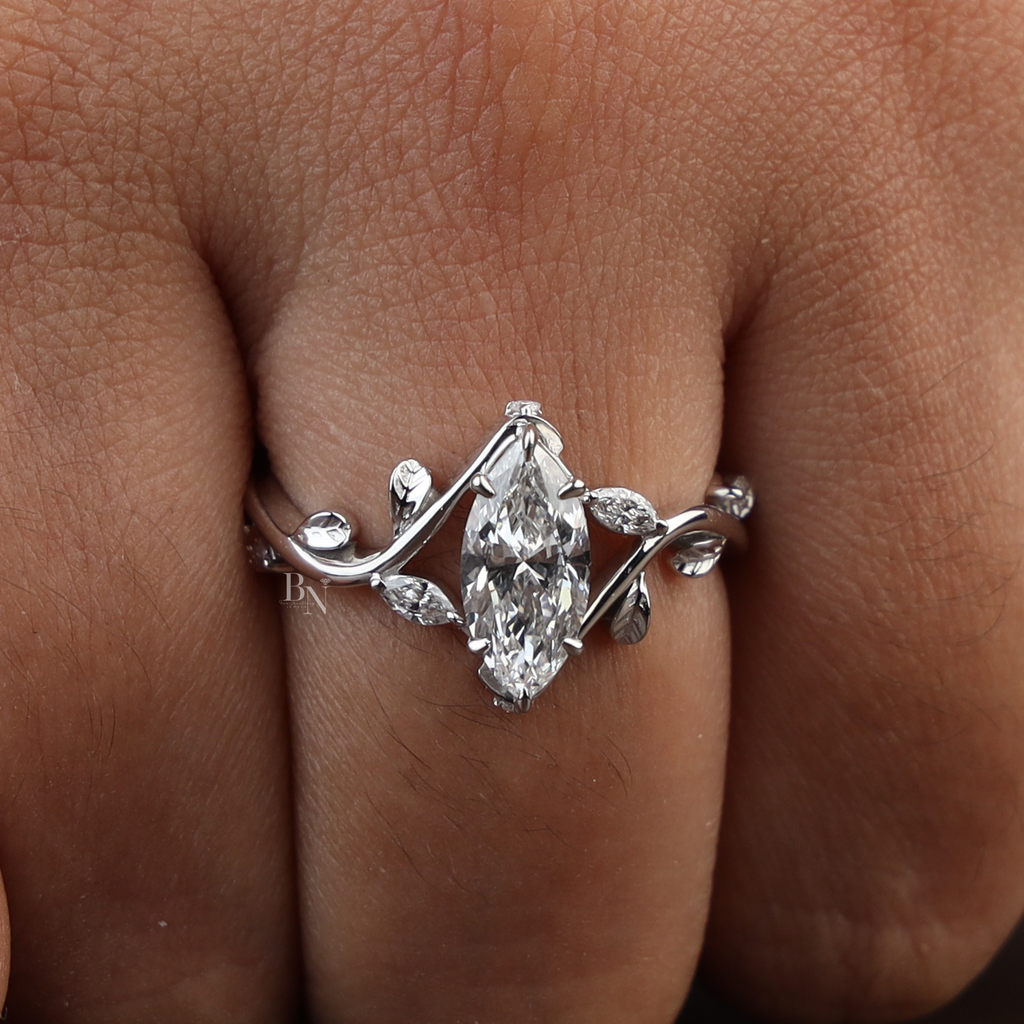 1ct Marquise Lab Diamond Engagement Ring | Nature Vine Leaf Setting | 14k White Gold Bridal Ring | Marquise Cut Anniversary Gift for Her