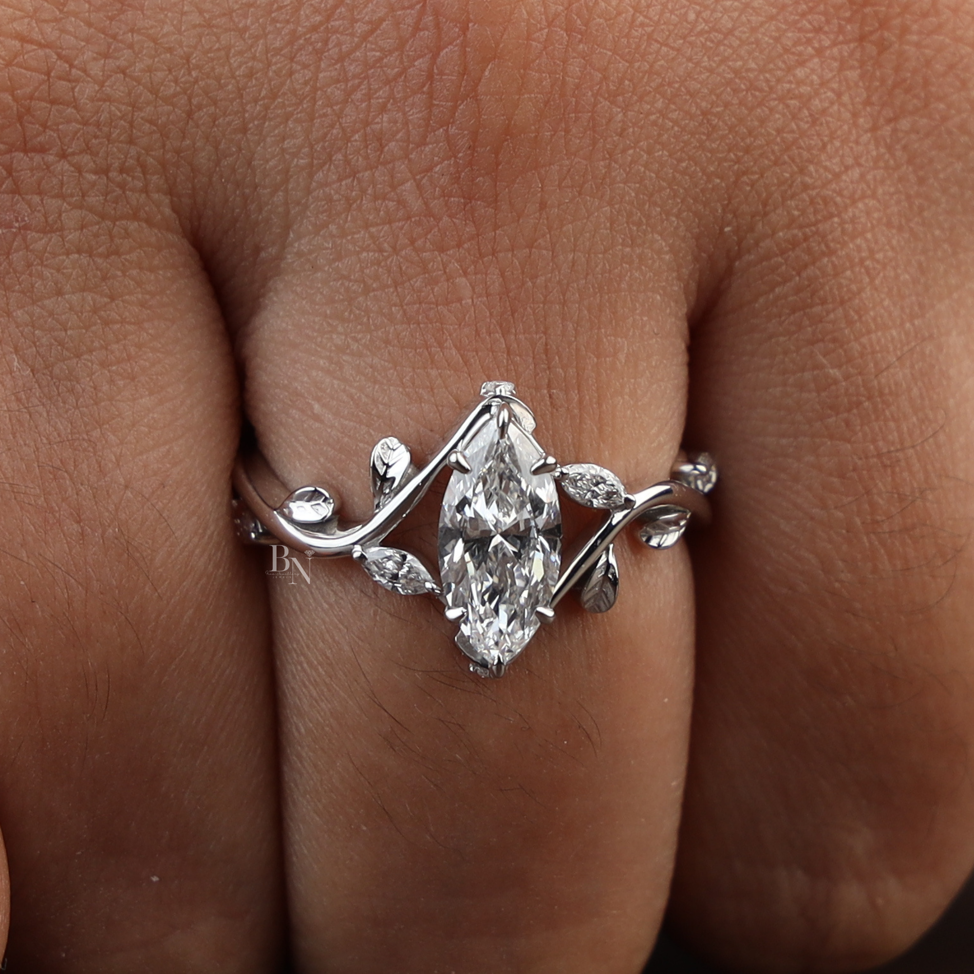 1ct Marquise Lab Diamond Engagement Ring | Nature Vine Leaf Setting | 14k White Gold Bridal Ring | Marquise Cut Anniversary Gift for Her