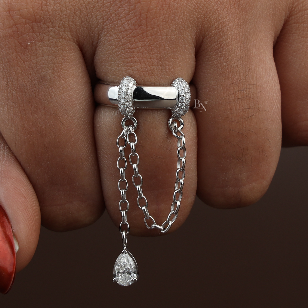 Pear Cut Lab Grown Diamond Dangle Chain Ring | 14K White Gold Lariat Band | Avant Garde Minimalist Bridal Jewelry | Edgy Teardrop Ring