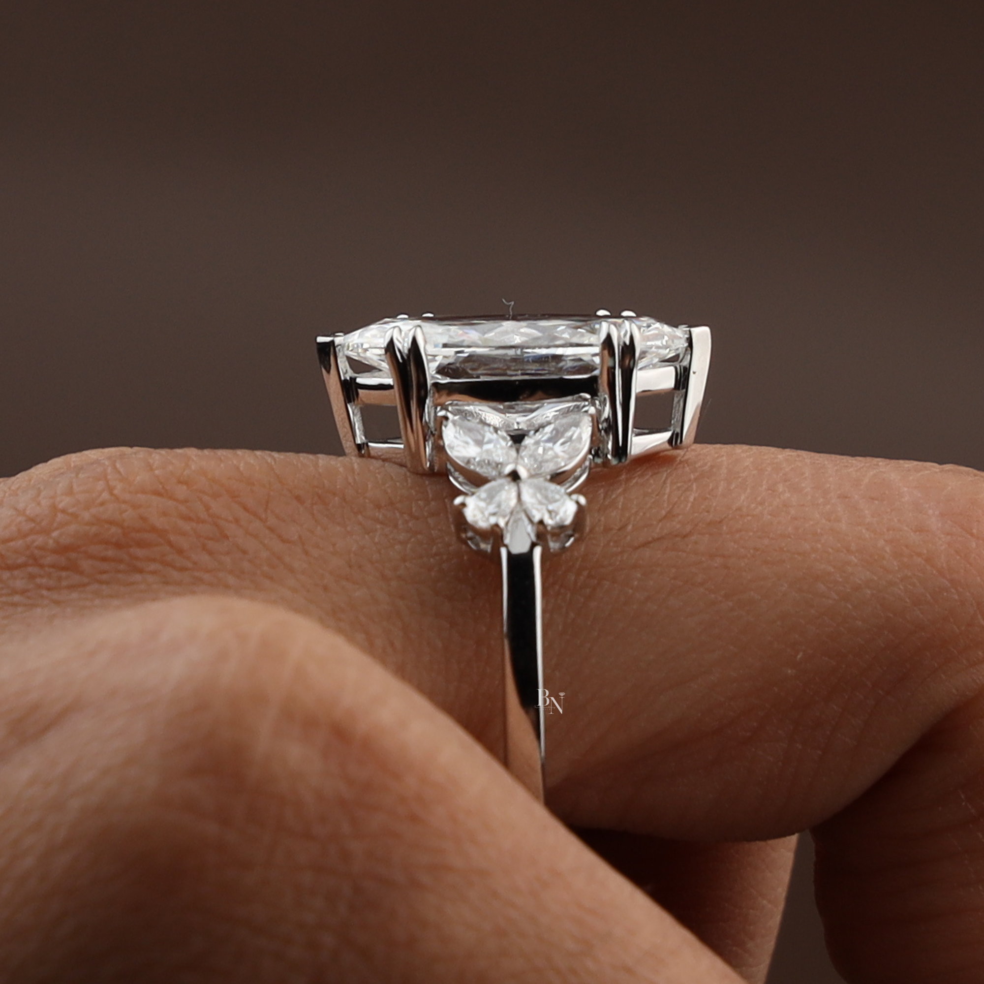 3.50ct Marquise Lab Grown Diamond Engagement Ring | Butterfly Side Stones | 14K White Gold V-Prong | IGI Certified Type IIa Bridal Jewelry