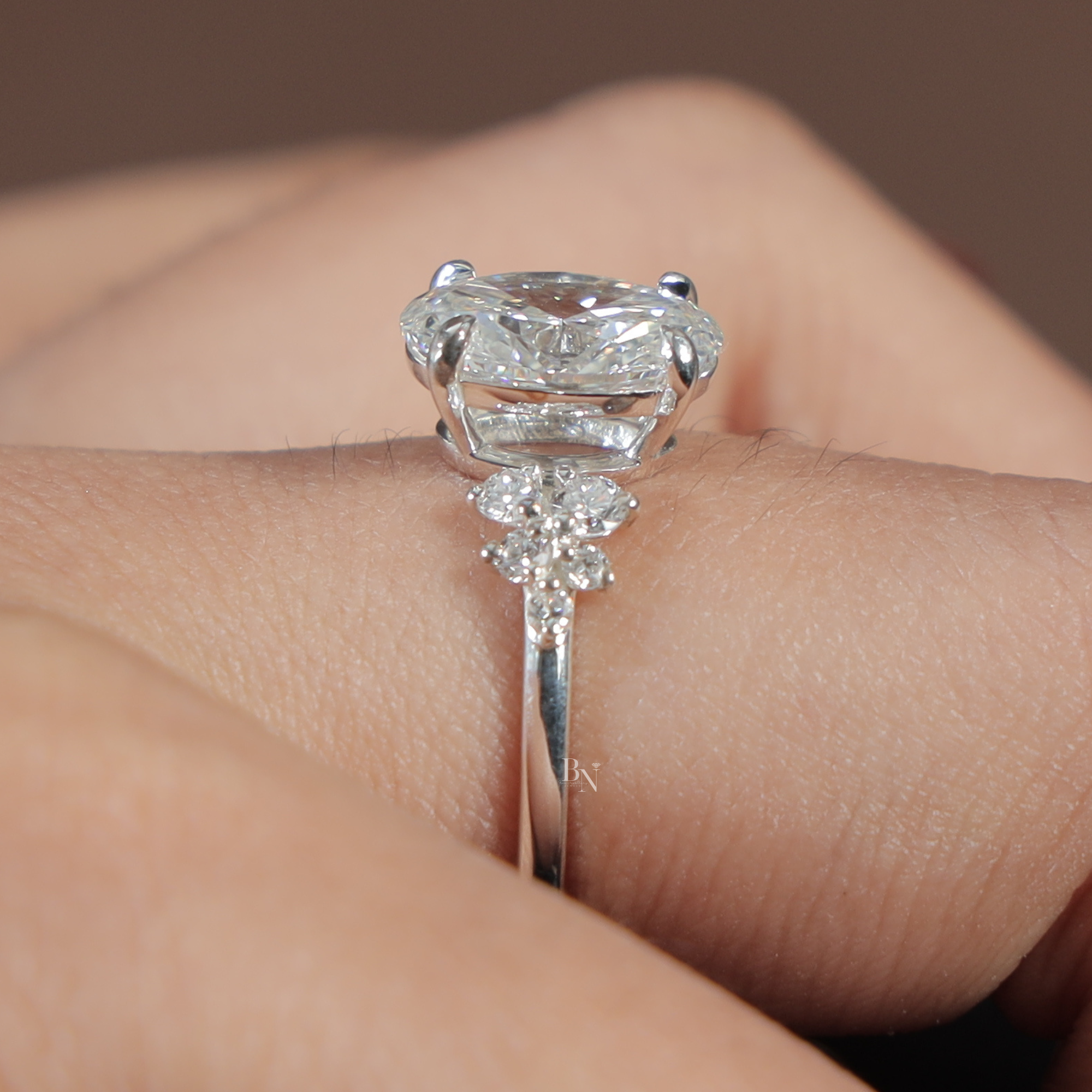 2 Carat Oval Lab Grown Diamond Engagement Ring | 14K White Gold Cluster Setting | IGI Certified | Unique Bridal Anniversary Ring |
