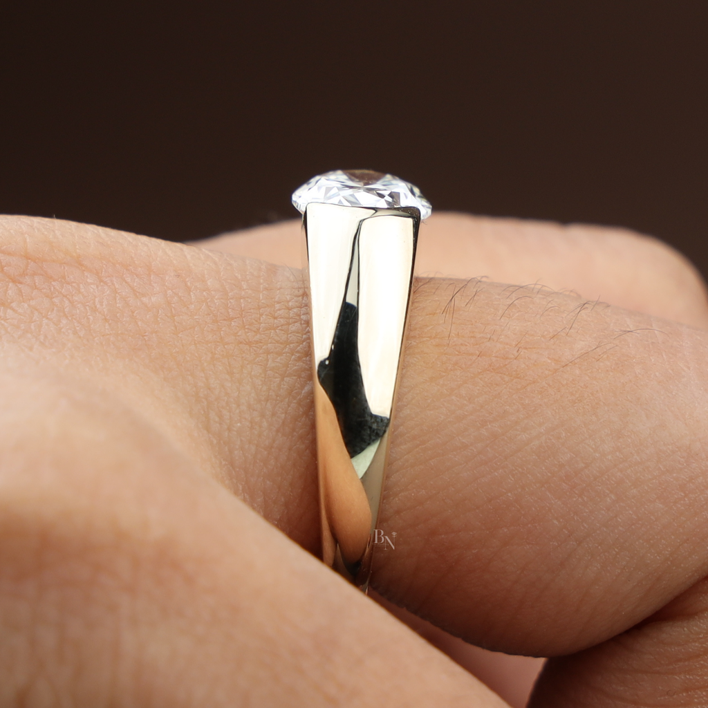 2.5ct East West Oval Lab Grown Diamond Engagement Ring | 14K Yellow Gold Half Bezel Signet Ring | IGI Certified Diamond | Modern Band