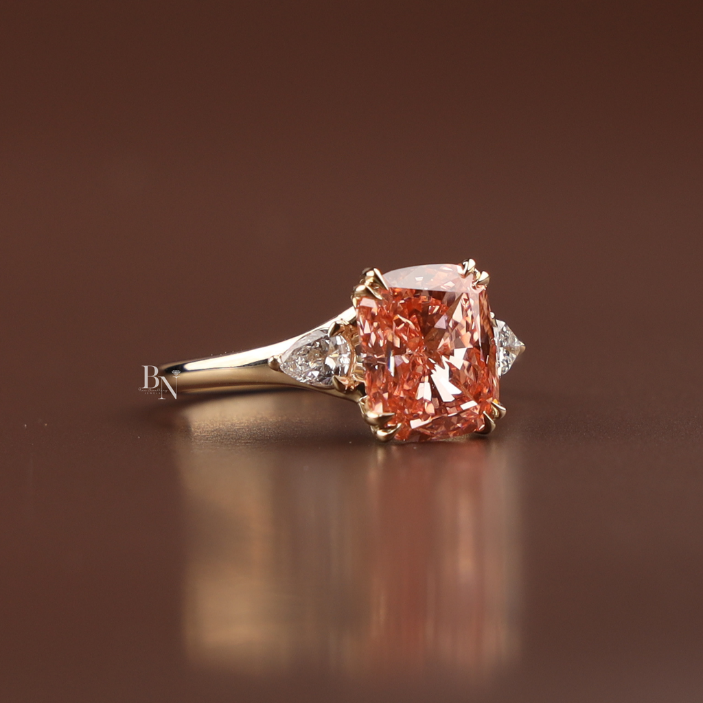 3ct Fancy Pink Cushion Lab Diamond Engagement Ring, 14K Gold Three Stone Bridal Ring, Pink Cushion Cut Anniversary Ring, Pear Side Stone Ring