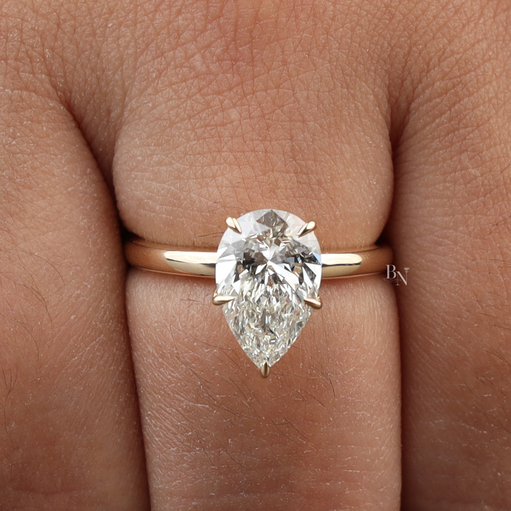 2ct Pear Cut Lab Grown Diamond Engagement Ring | 14K Yellow Gold Lotus Solitaire | Dainty Teardrop Proposal Ring | IGI Certified