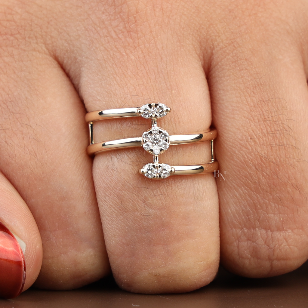 Triple Band Bypass Lab Diamond Ring | Multi Row Cage Band | Marquise and Round Cluster | Minimalist Bridal | Anniversary Gift