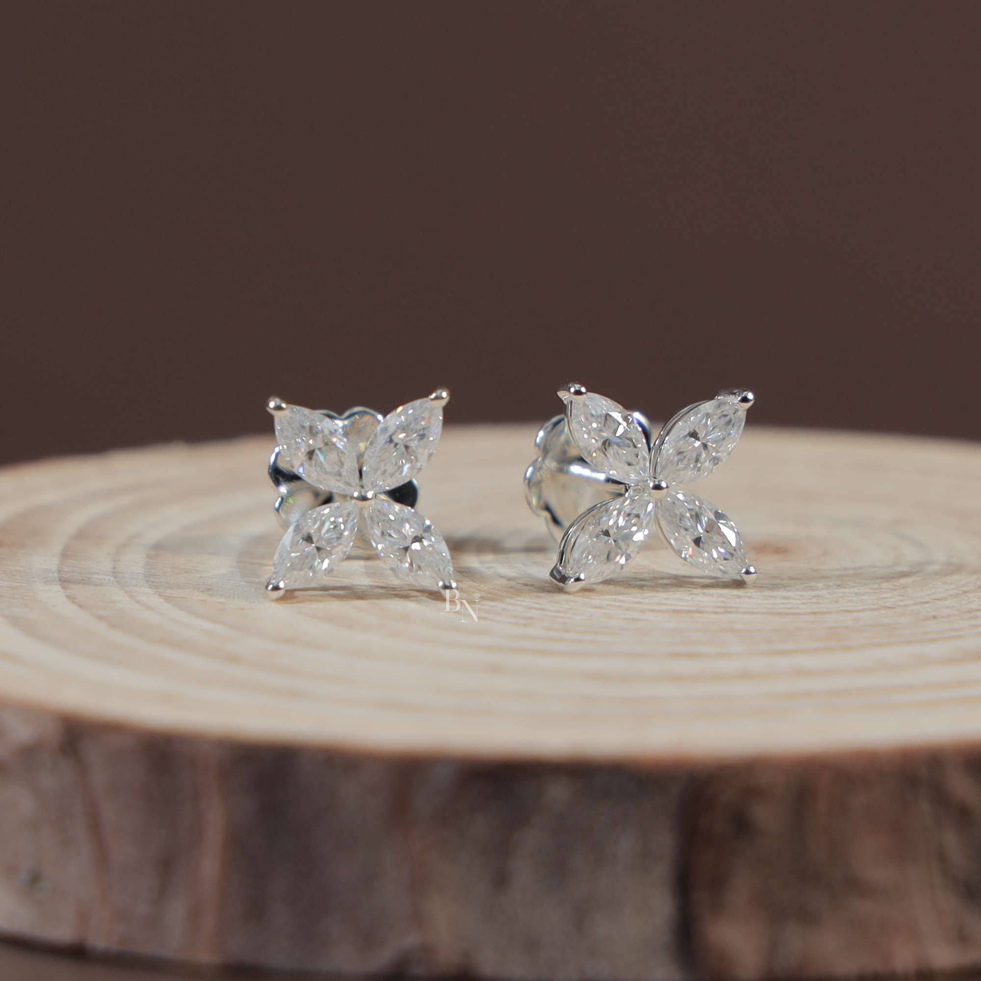 1.60 Carat Marquise Lab Grown Diamond Stud Earrings | 14K White Gold Floral Cluster Studs | IGI Certified Diamond | Secure Screw Back