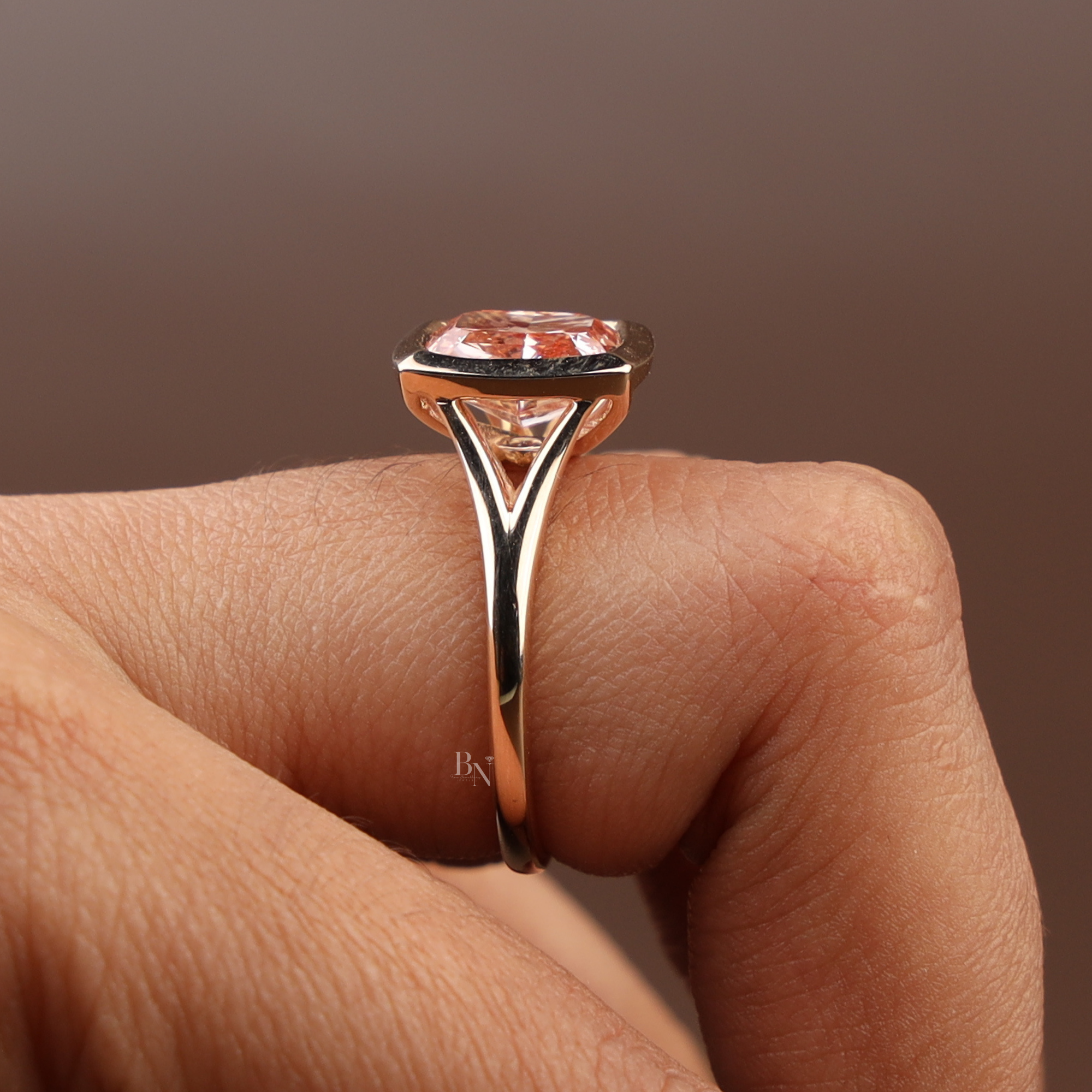 3ct Cushion Cut Fancy Pink Lab Grown Diamond Engagement Ring | 14K Solid Gold Bezel Set Solitaire | Split Shank Cathedral Bridal Ring | IGI