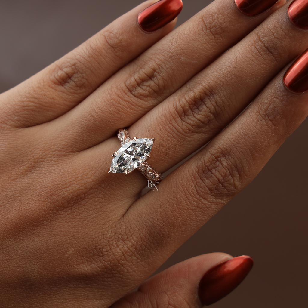 3ct Marquise Lab Grown Diamond Engagement Ring | Vintage Twisted Vine Rose Gold Band | Romantic Nature Inspired Solitaire |