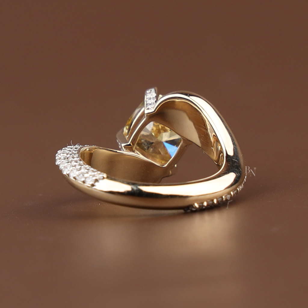 2ct Cushion Cut Fancy Yellow Lab Grown Diamond Engagement Ring | 14K Yellow Gold | Bypass Pavé Band | IGI Certified |