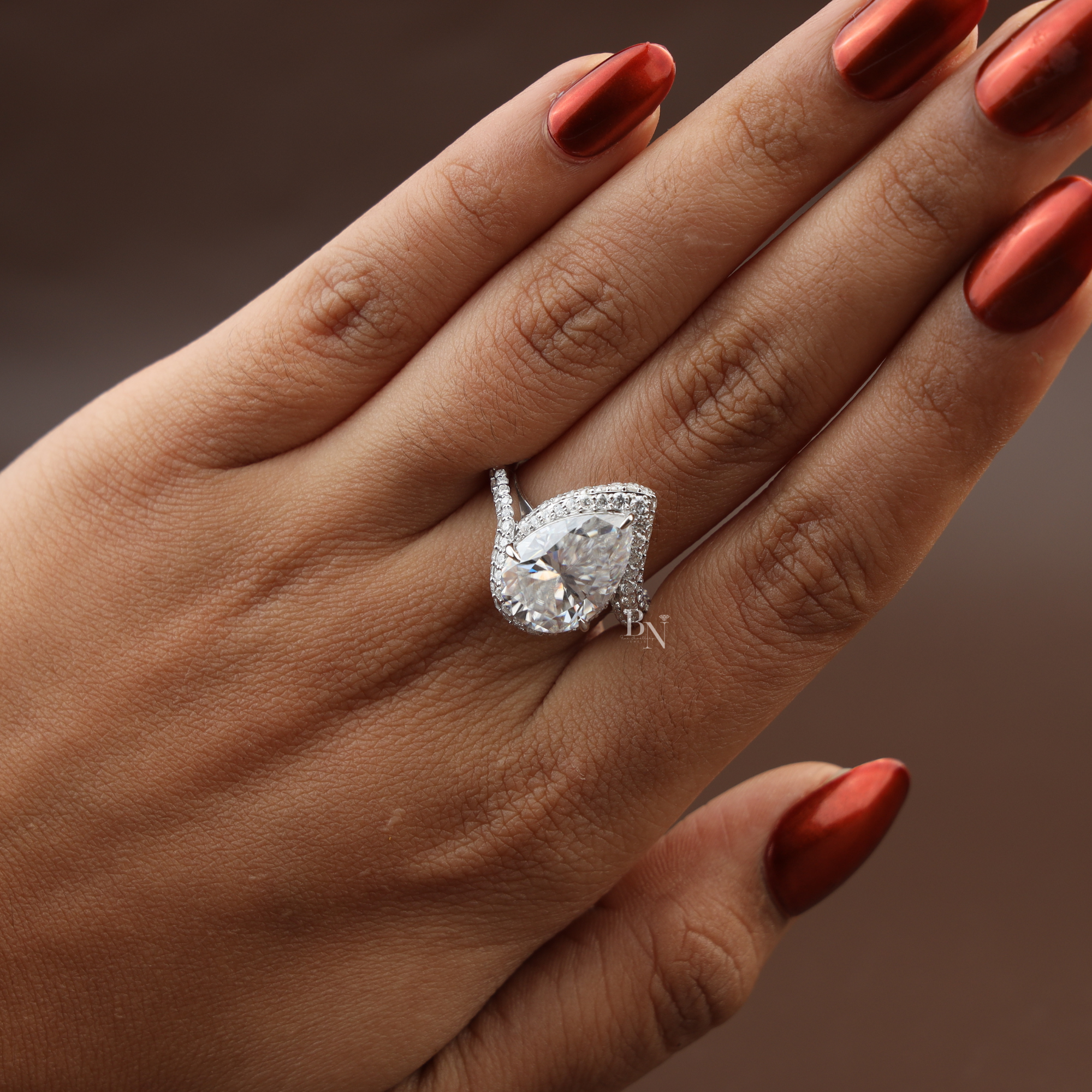 5.50ct Pear Moissanite Engagement Ring | 14K White Gold Triple Pave Bypass Band | Double Halo Sparkle Ring | High Brilliance Bridal Jewelry