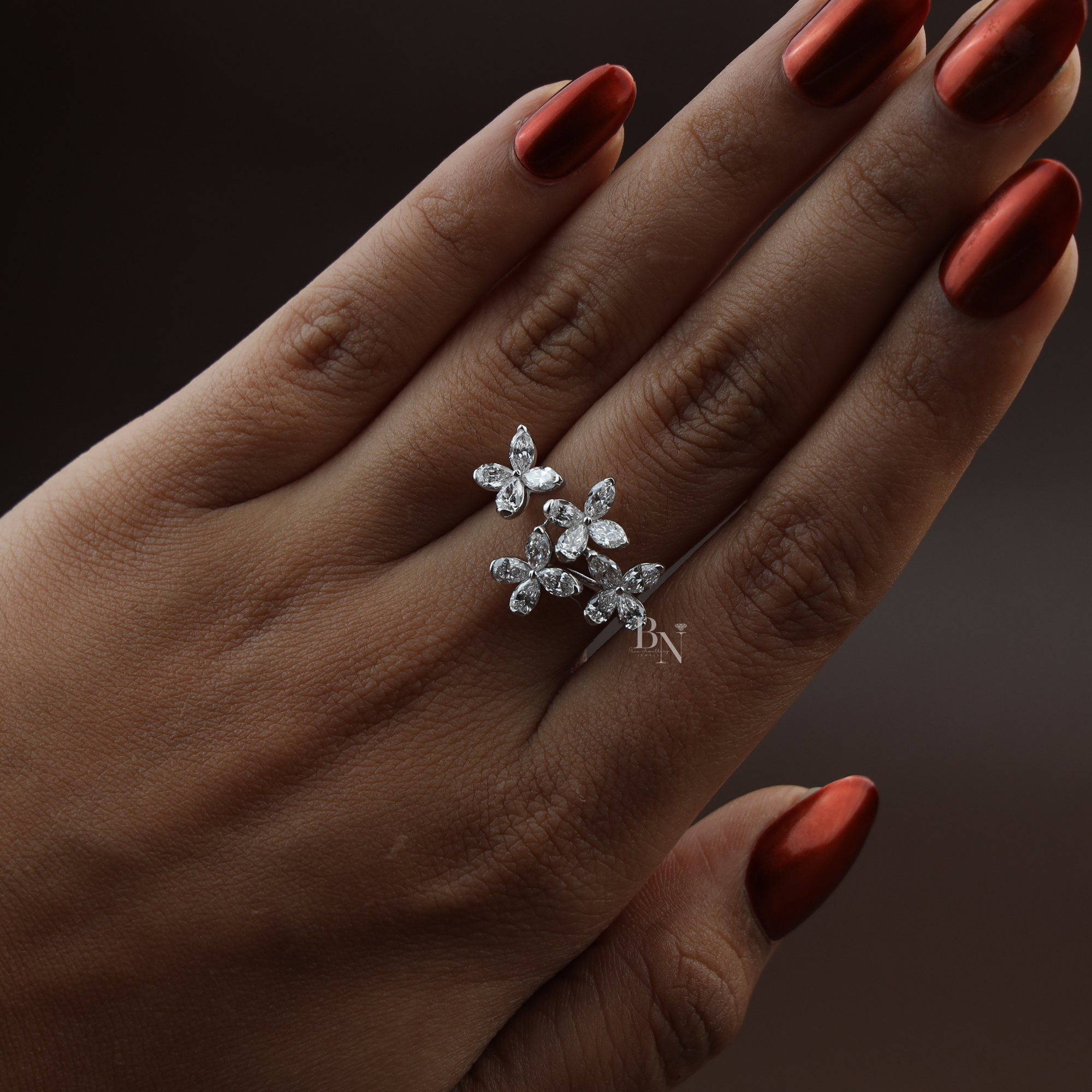 2ctw Butterfly Lab Grown Diamond Ring | Marquise Cut Cluster Bypass Band | 14K White Gold Floral Engagement Ring |