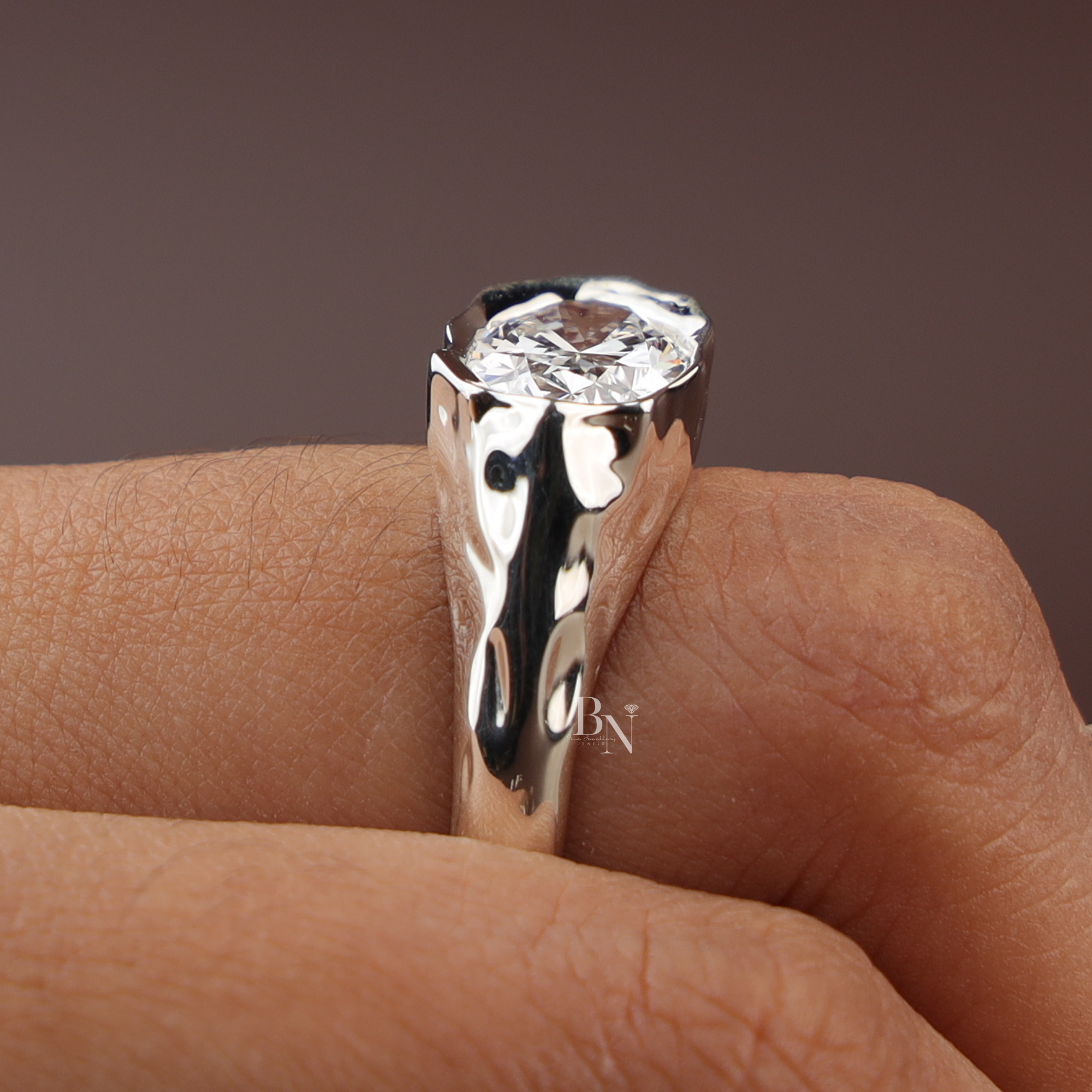 3ct Oval Lab Diamond Molten Bezel Ring, Platinum Heavy Signet Engagement Ring, Unique Chunky Wedding Ring, Asymmetric Bridal Jewelry