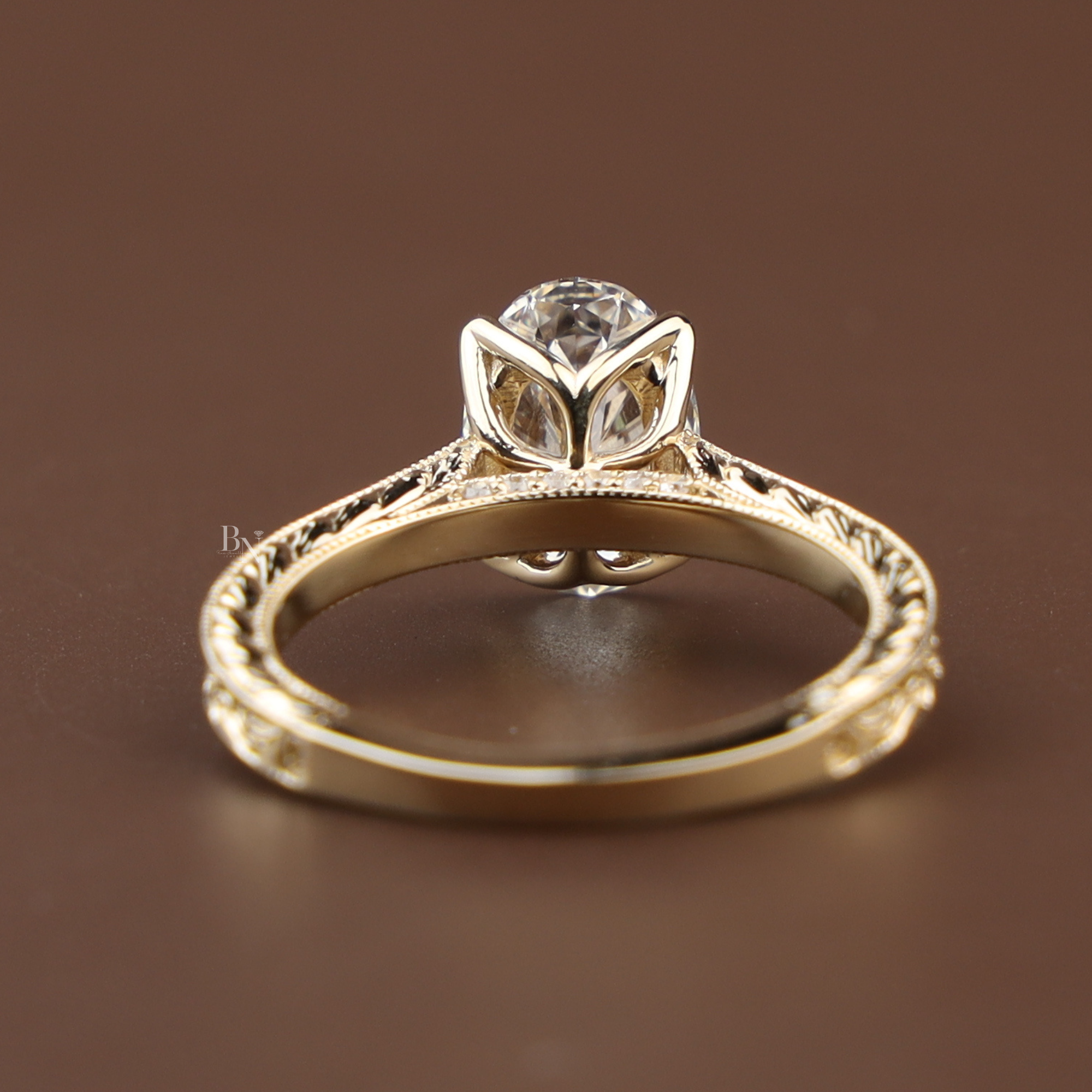 2ct Oval Lab Grown Diamond Engagement Ring | 14K Yellow Gold Vintage Hand Engraved Band | Hidden Halo Solitaire | Filigree Bridal Jewelry