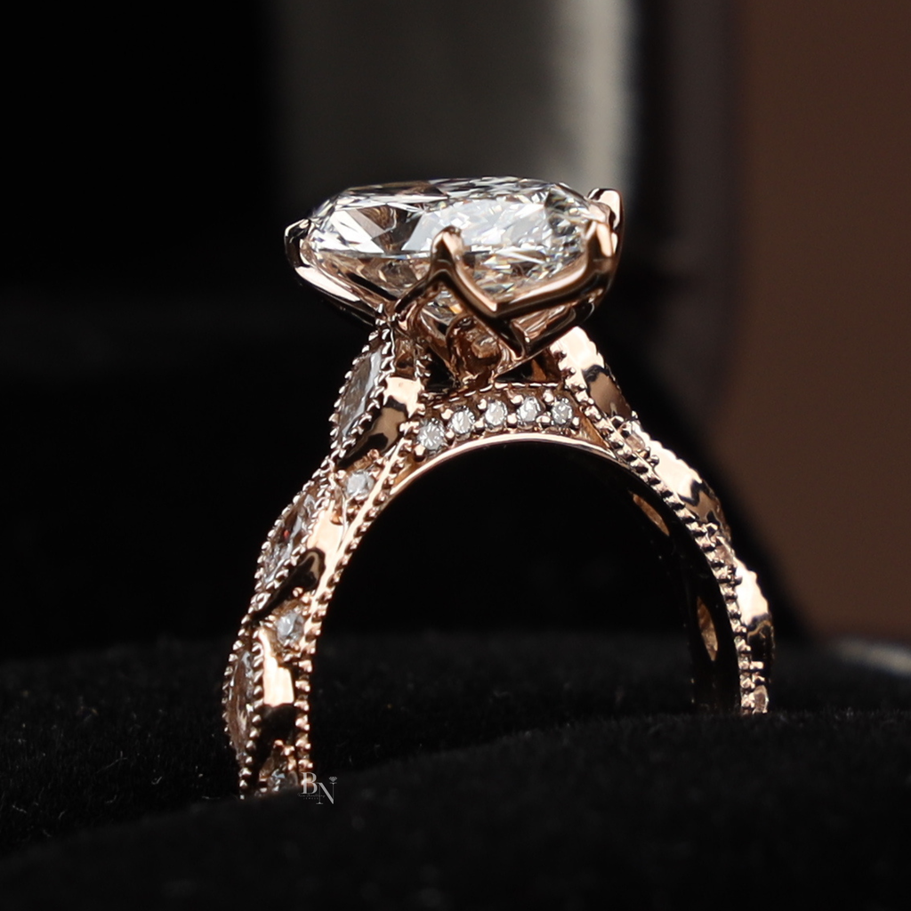 3ct Marquise Lab Grown Diamond Engagement Ring | Vintage Twisted Vine Rose Gold Band | Romantic Nature Inspired Solitaire |