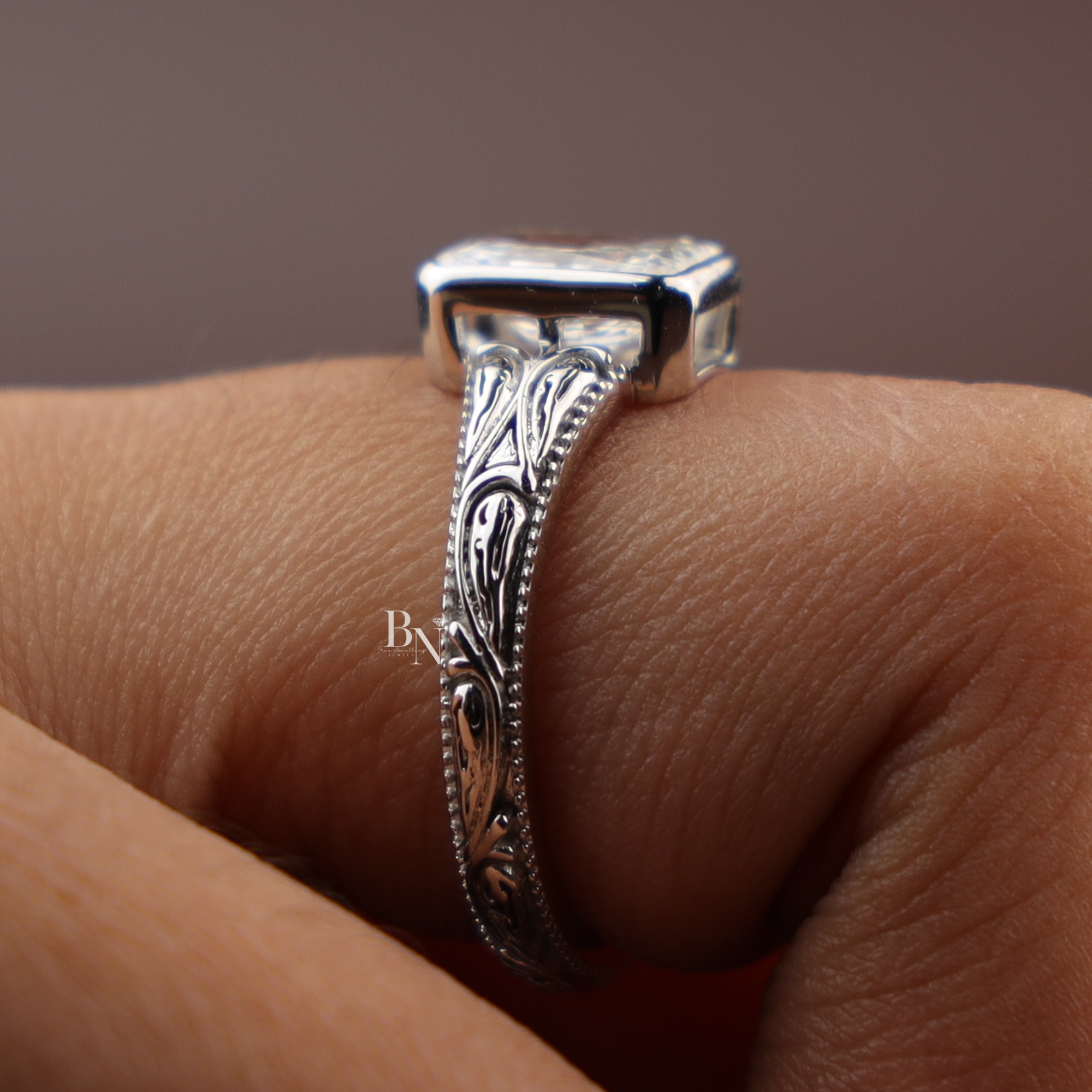 1.5ct Radiant Lab Diamond Engagement Ring , Vintage Engraved Bezel Set Ring , Art Deco Style Wedding Ring , Antique Inspired