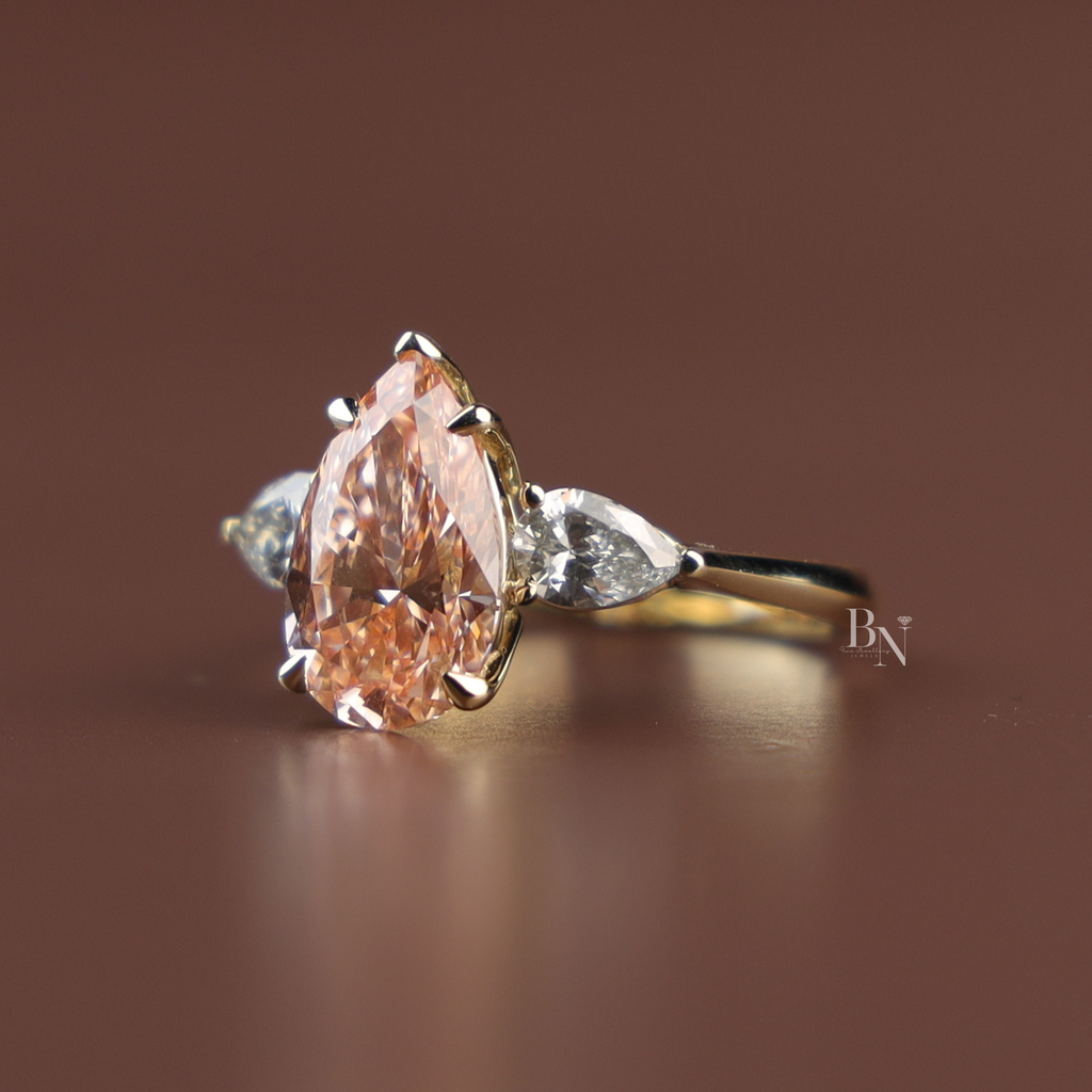 3ct Fancy Pink Pear Cut Lab Grown Diamond Engagement Ring | 14K Yellow Gold 3 Stone Ring | Tapered Bridal Wedding Fine Jewelry