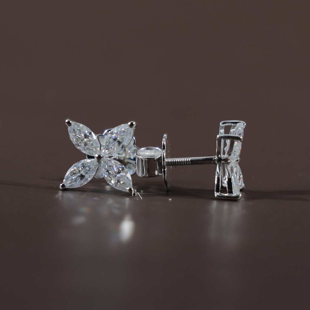 1.60 Carat Marquise Lab Grown Diamond Stud Earrings | 14K White Gold Floral Cluster Studs | IGI Certified Diamond | Secure Screw Back