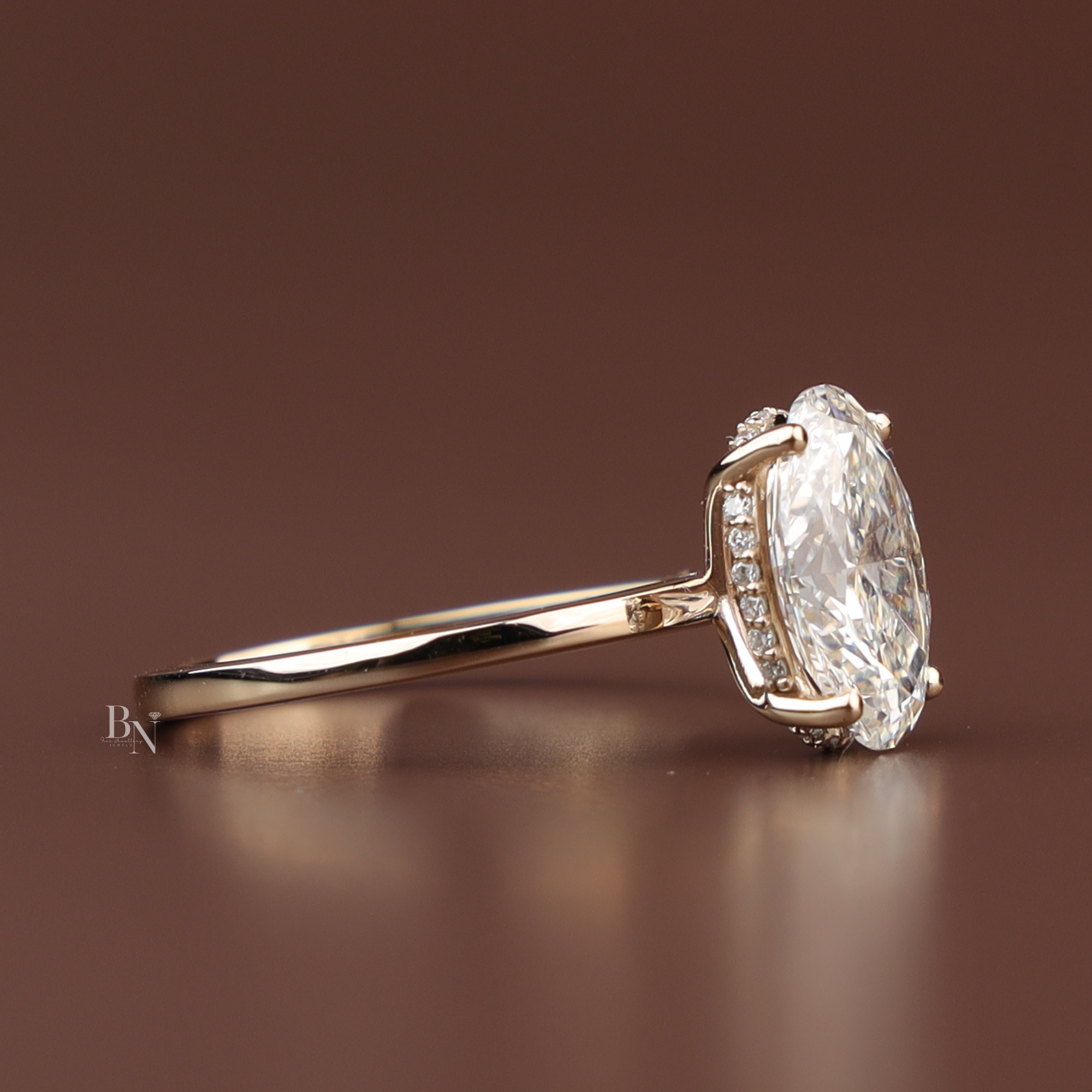 3ct Oval Lab Diamond Engagement Ring, Yellow Gold Hidden Halo Solitaire Ring, Classic Plain Band Wedding Ring, Minimalist Bridal Jewelry
