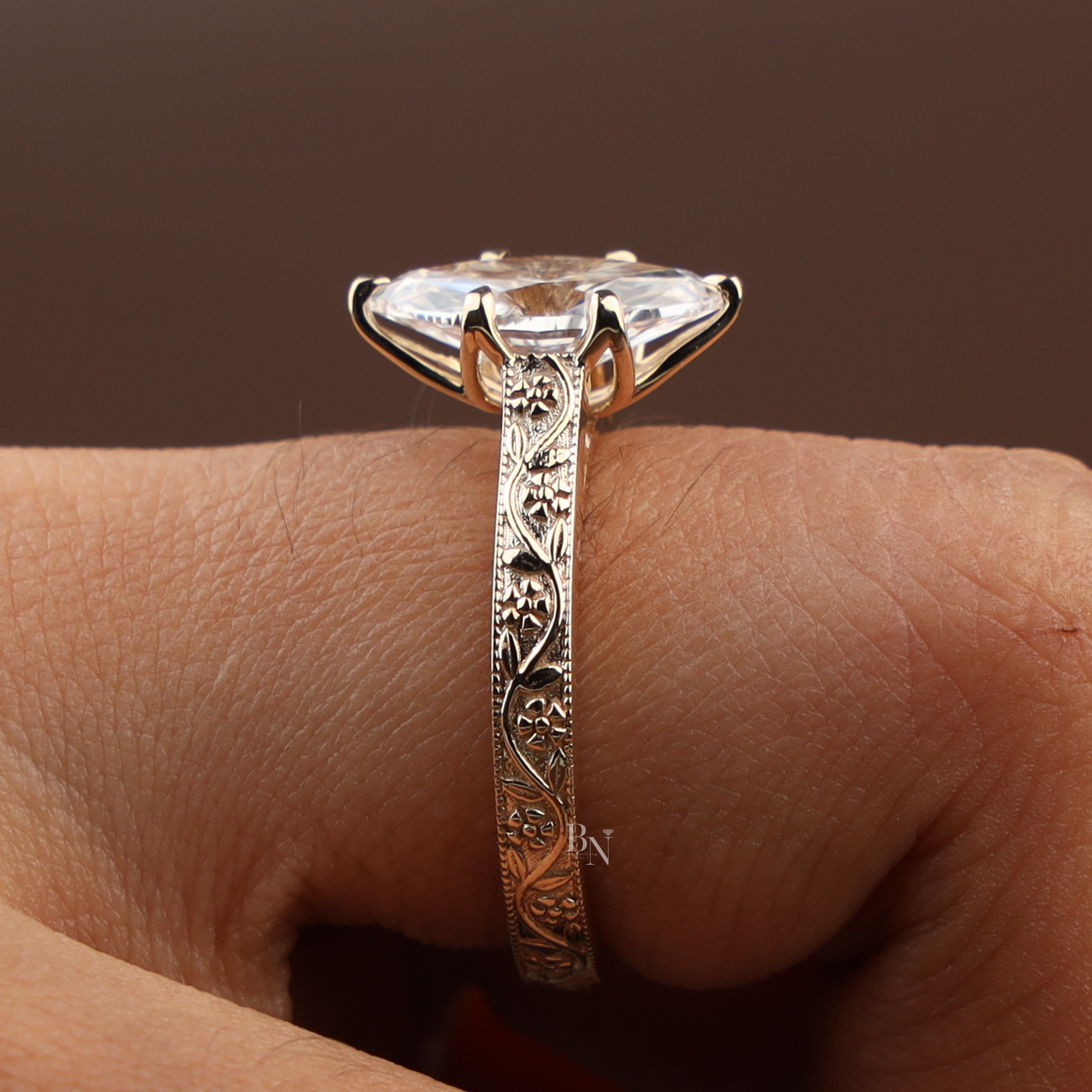2 Carat Marquise Lab Grown Diamond Ring | Vintage Engraved Engagement Ring | Art Deco Wedding Band | Heirloom Quality Solitaire