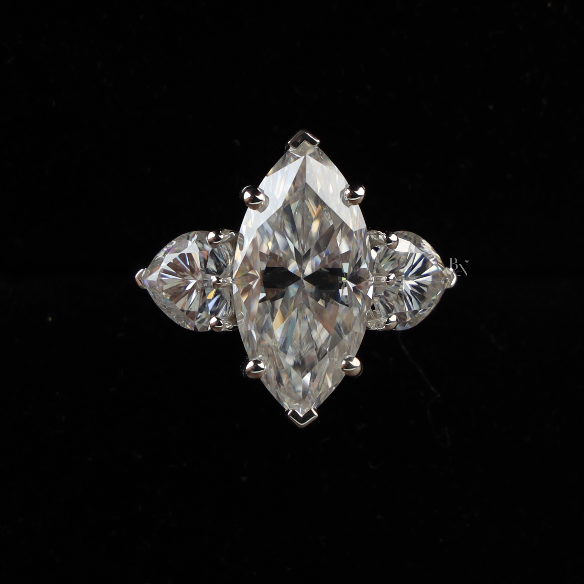 5.50ct Marquise Lab Grown Diamond Engagement Ring | Heart Side Stones | 14K White Gold Three Stone Ring | IGI Certified | V-Tip Solitaire
