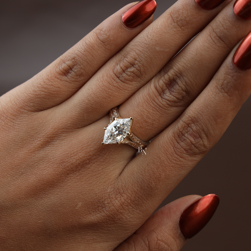 3ct Dutch Marquise Lab Grown Diamond Engagement Ring | Vintage Engraved 14k Yellow Gold Band | Solitaire Marquise Ring |