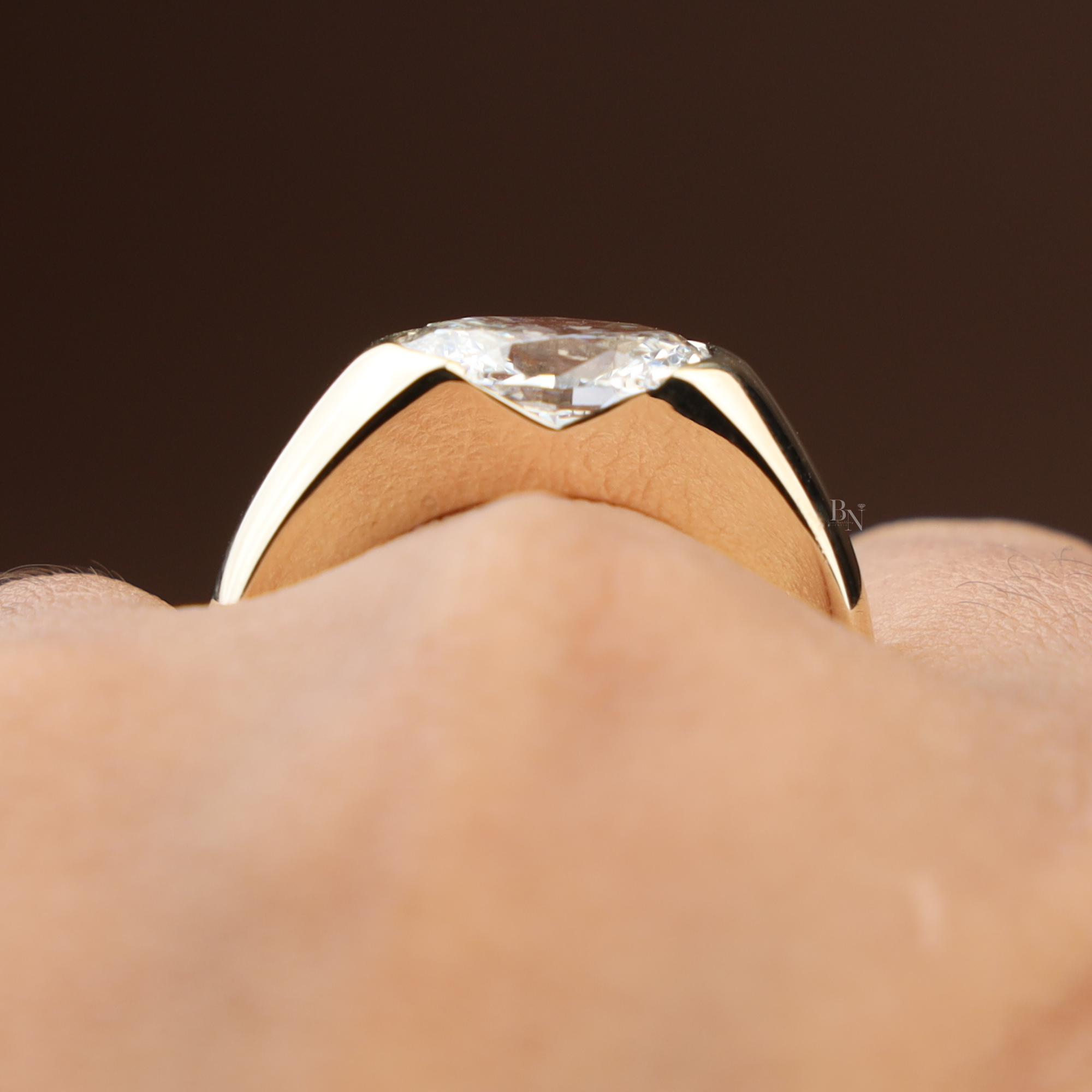 2.5ct East West Oval Lab Grown Diamond Engagement Ring | 14K Yellow Gold Half Bezel Signet Ring | IGI Certified Diamond | Modern Band