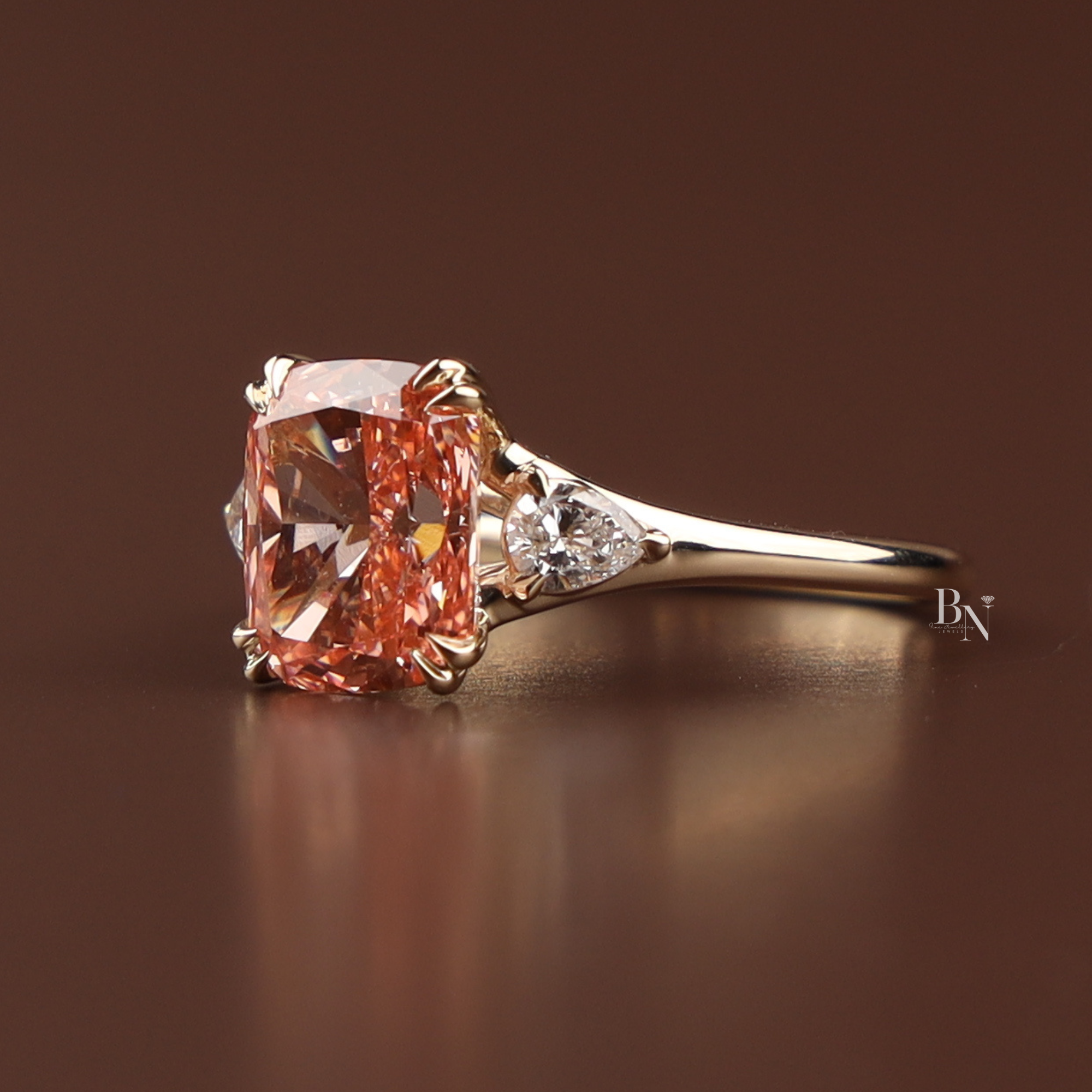 3ct Fancy Pink Cushion Lab Diamond Engagement Ring, 14K Gold Three Stone Bridal Ring, Pink Cushion Cut Anniversary Ring, Pear Side Stone Ring