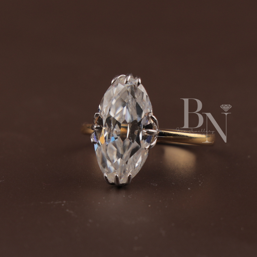 3ct Old Mine Moval Lab Diamond Engagement Ring | Elongated Antique Movall Cut | 14K Two Tone Gold Hidden Halo | Claw Prong Bridal Ring | IGI