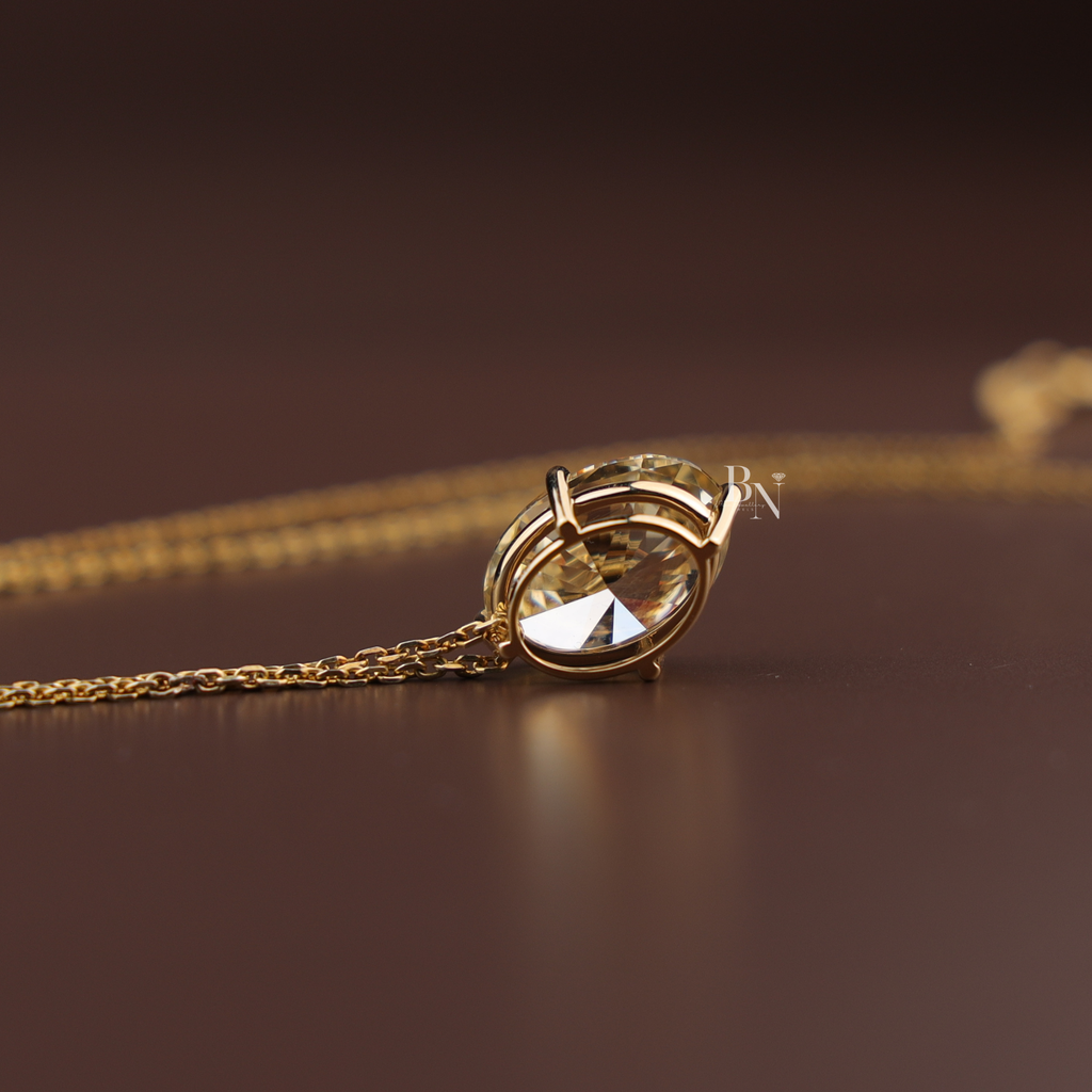6 Carat Fancy Yellow Oval Moissanite Necklace , Yellow Gold Solitaire Pendant , Sparkling Statement Necklace