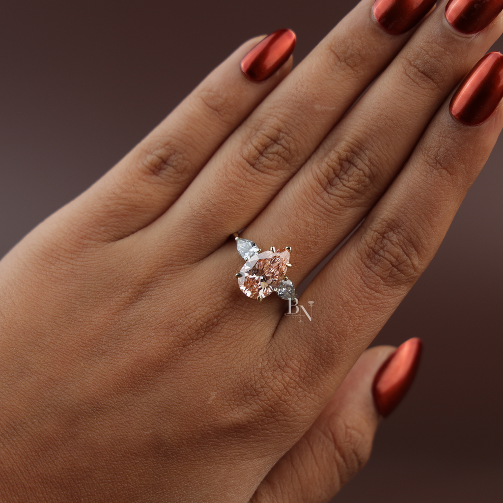 3ct Fancy Pink Pear Cut Lab Grown Diamond Engagement Ring | 14K Yellow Gold 3 Stone Ring | Tapered Bridal Wedding Fine Jewelry