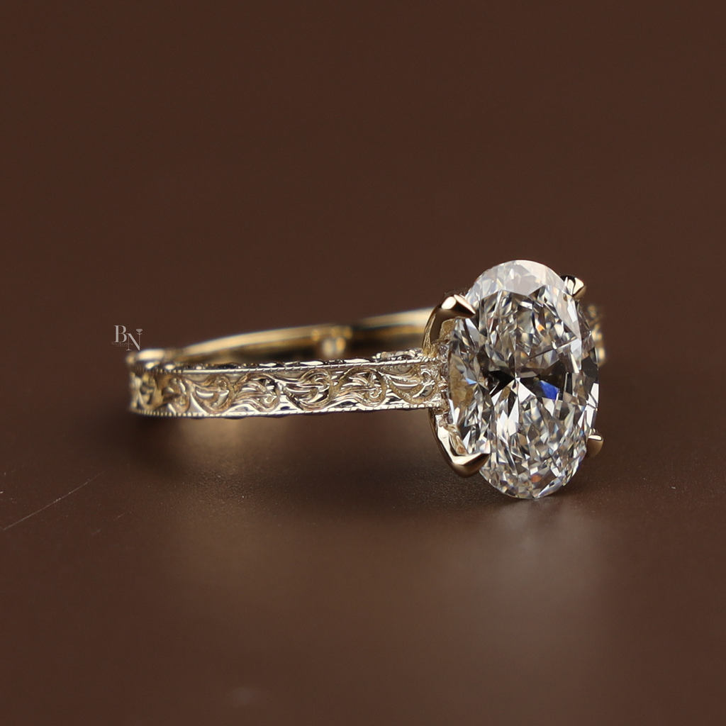2ct Oval Lab Grown Diamond Engagement Ring | 14K Yellow Gold Vintage Hand Engraved Band | Hidden Halo Solitaire | Filigree Bridal Jewelry