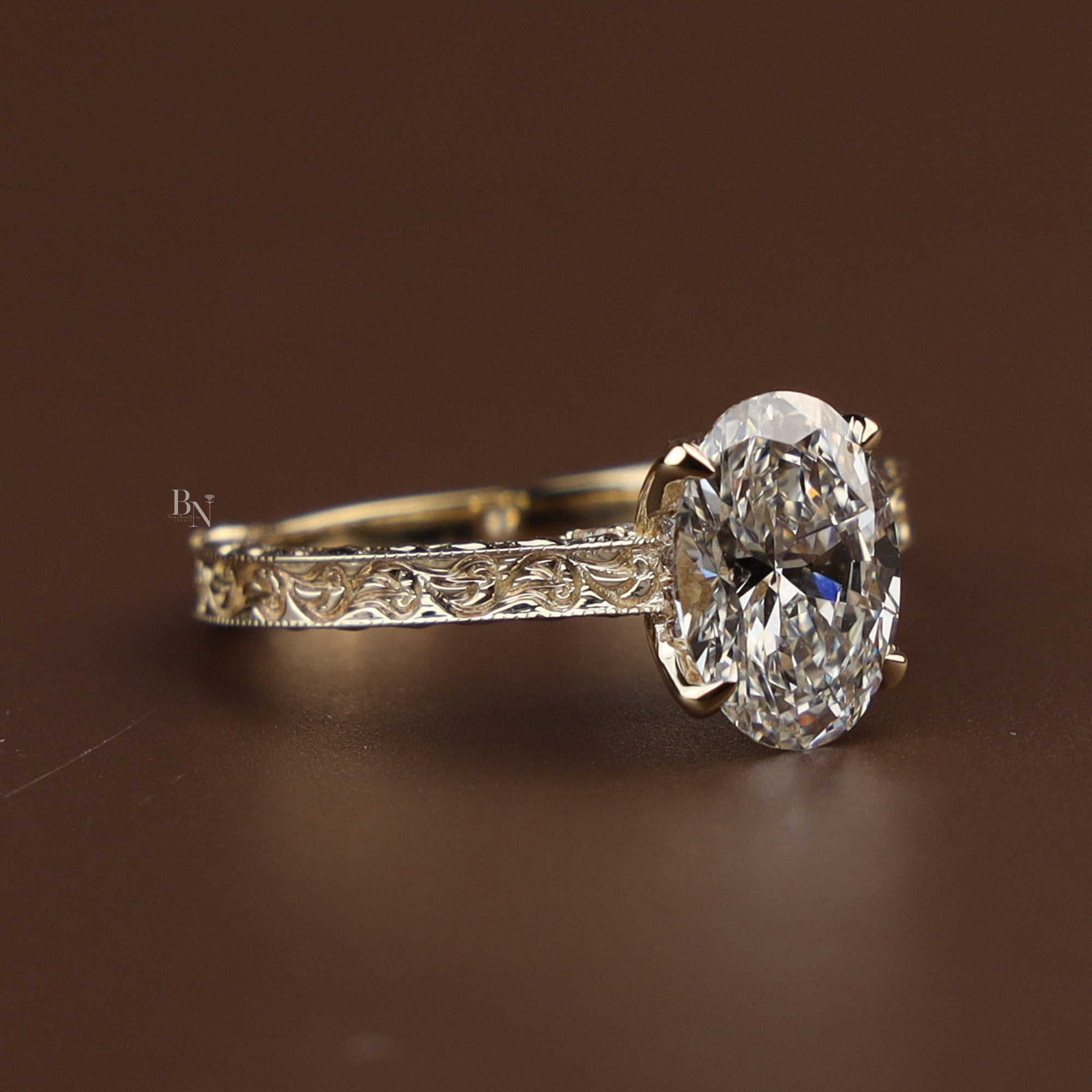 2ct Oval Lab Grown Diamond Engagement Ring | 14K Yellow Gold Vintage Hand Engraved Band | Hidden Halo Solitaire | Filigree Bridal Jewelry