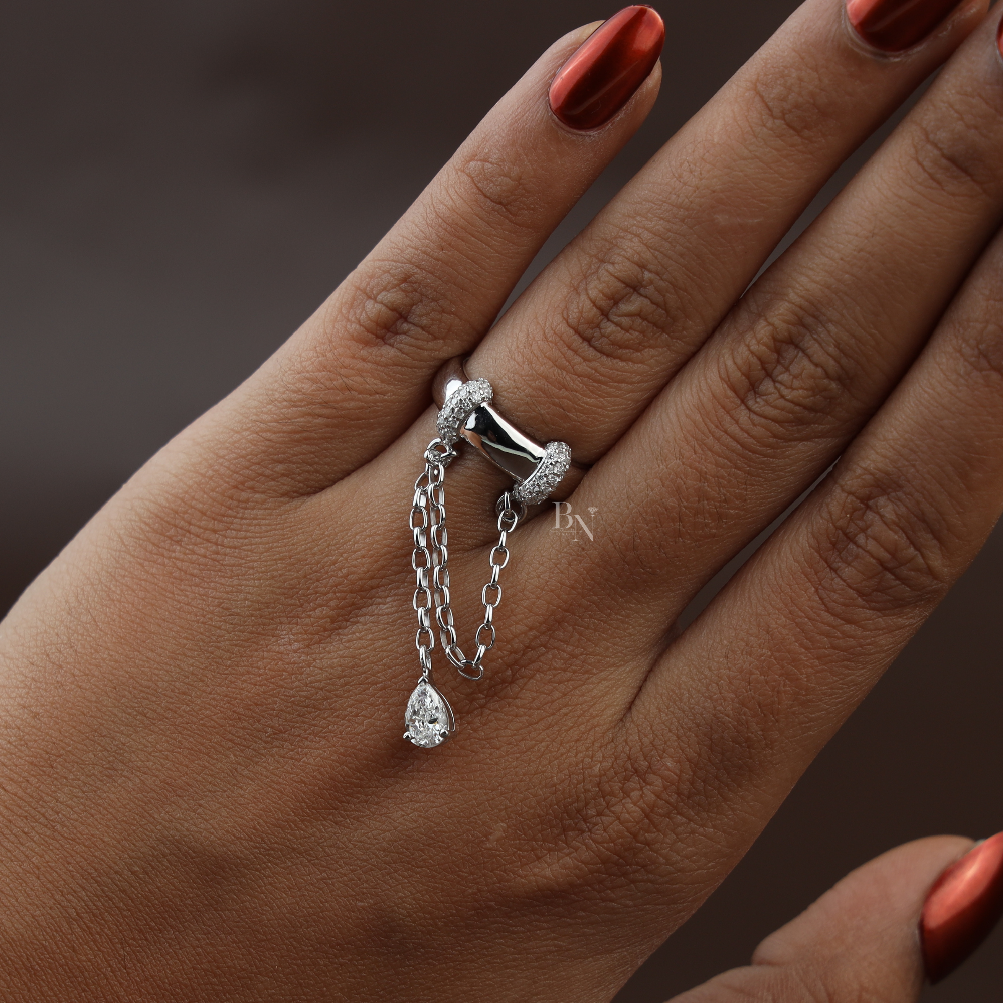 Pear Cut Lab Grown Diamond Dangle Chain Ring | 14K White Gold Lariat Band | Avant Garde Minimalist Bridal Jewelry | Edgy Teardrop Ring