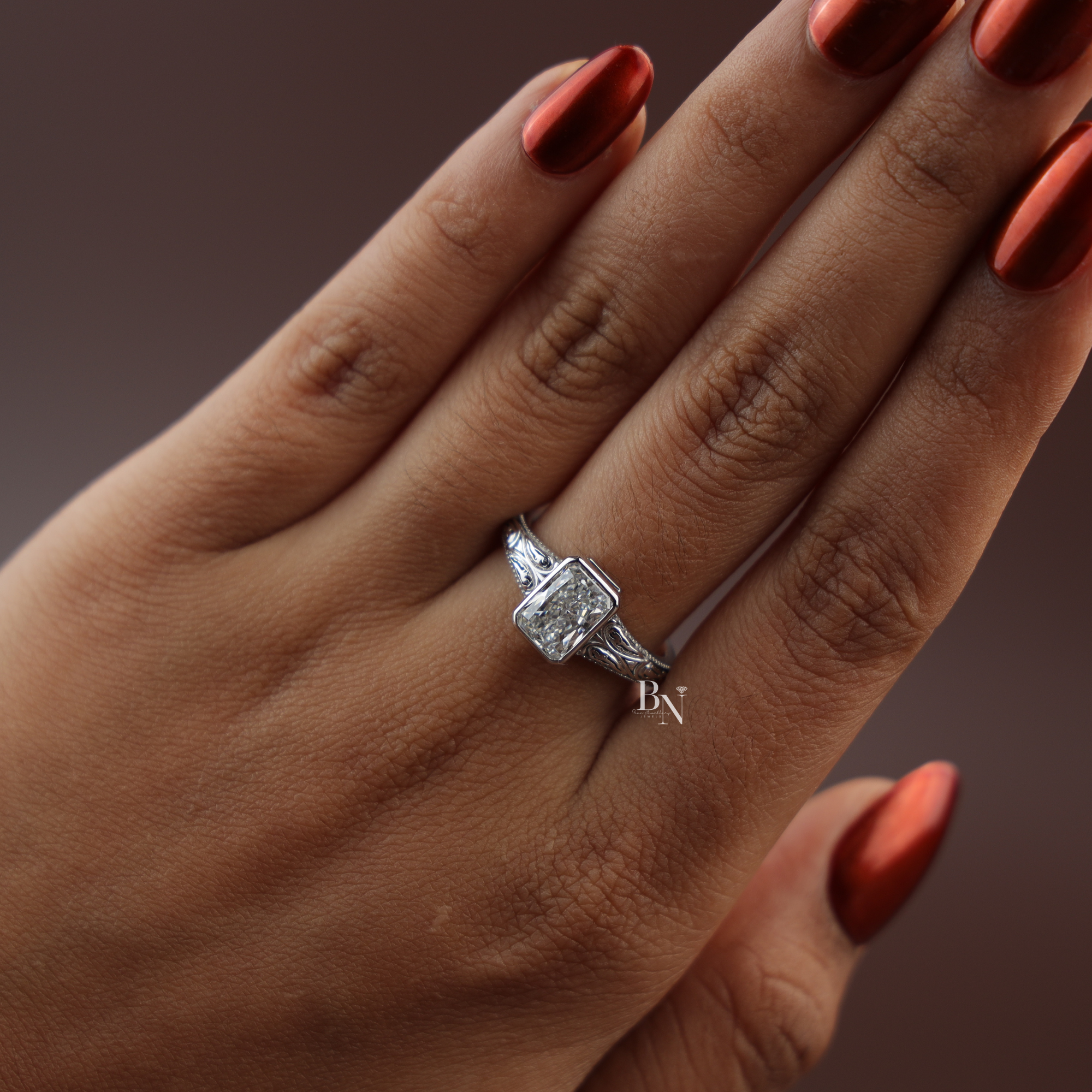 1.5ct Radiant Lab Diamond Engagement Ring , Vintage Engraved Bezel Set Ring , Art Deco Style Wedding Ring , Antique Inspired