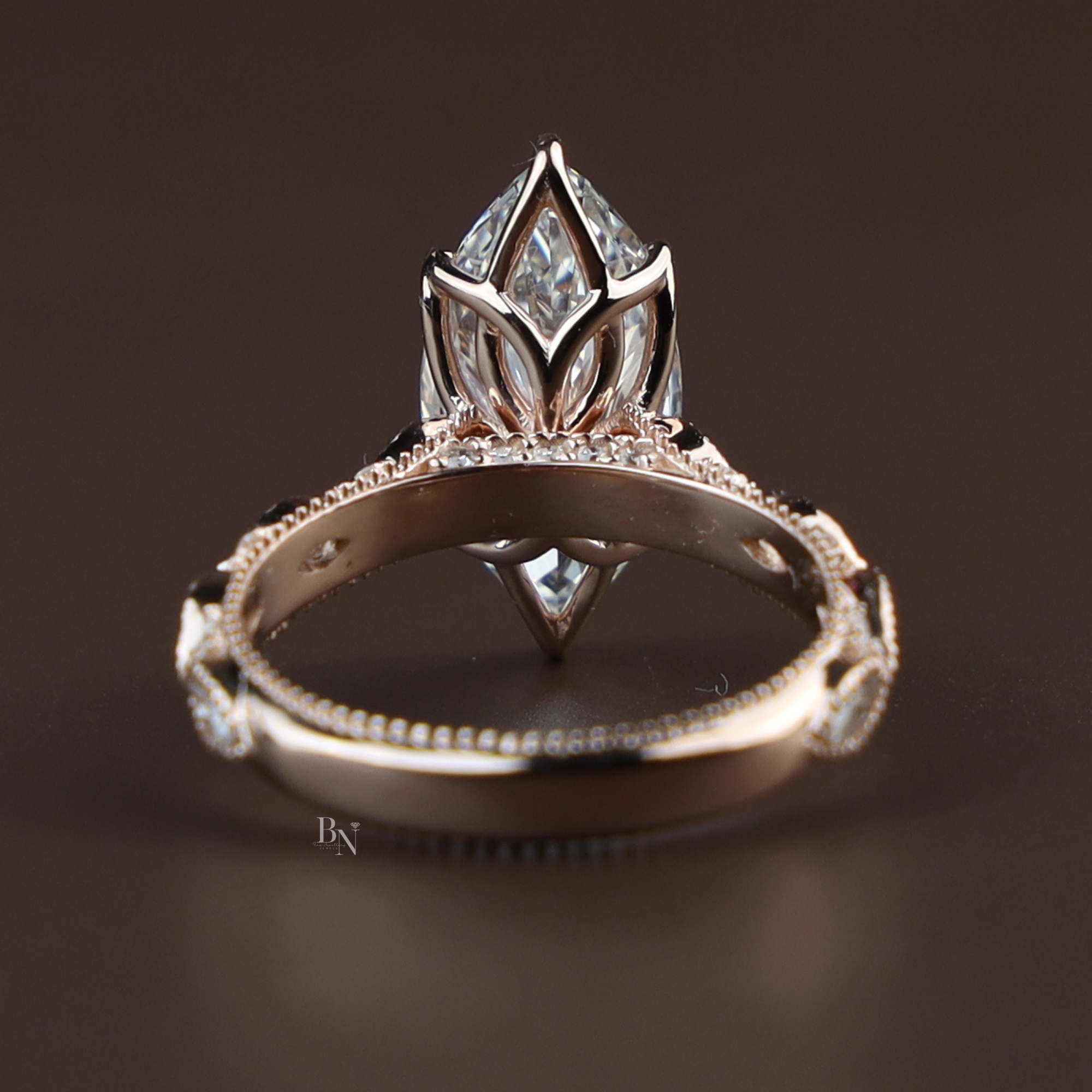 3ct Marquise Lab Grown Diamond Engagement Ring | Vintage Twisted Vine Rose Gold Band | Romantic Nature Inspired Solitaire |