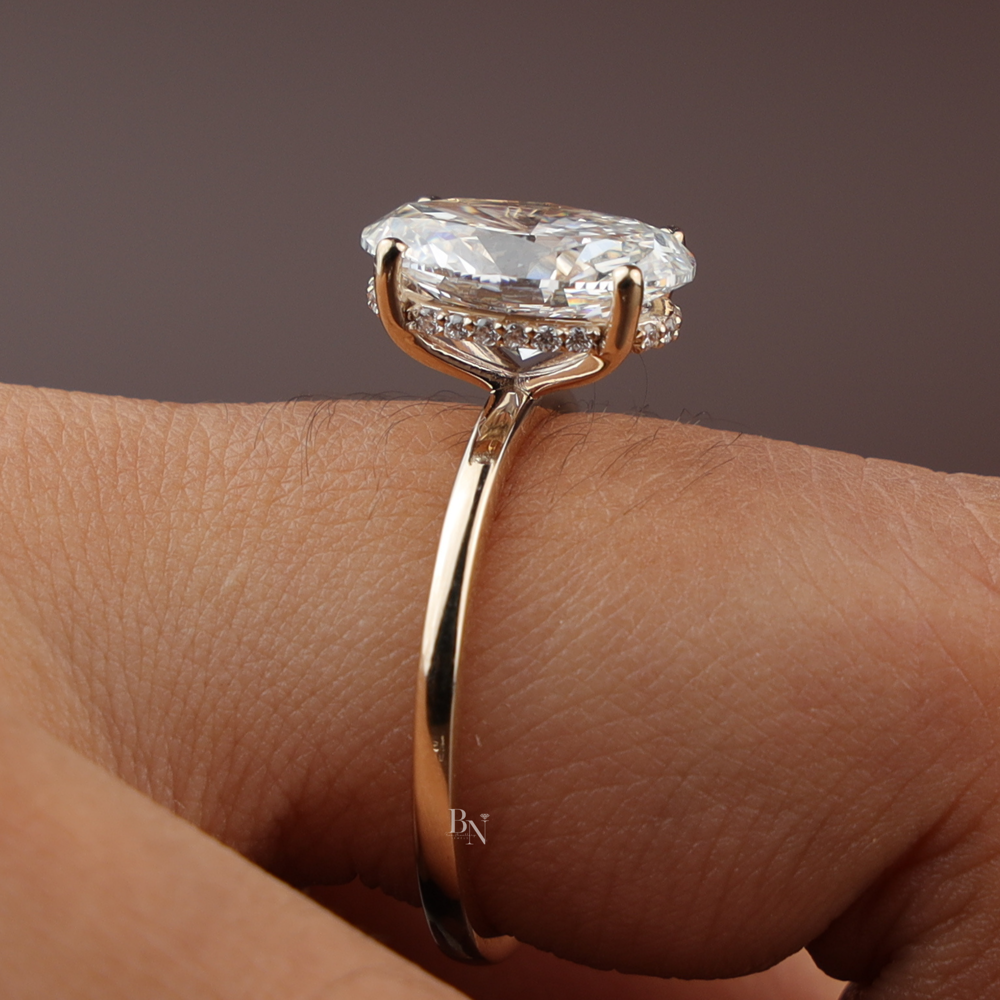 3ct Oval Lab Diamond Engagement Ring, Yellow Gold Hidden Halo Solitaire Ring, Classic Plain Band Wedding Ring, Minimalist Bridal Jewelry