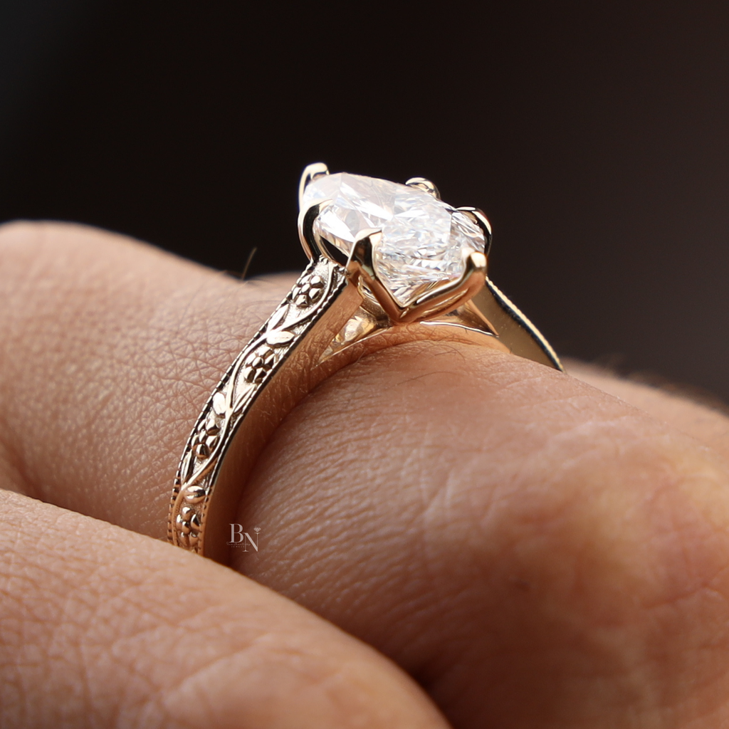2 Carat Marquise Lab Grown Diamond Ring | Vintage Engraved Engagement Ring | Art Deco Wedding Band | Heirloom Quality Solitaire