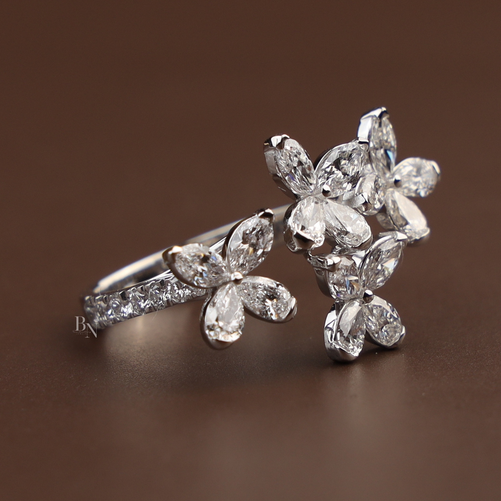 2ctw Butterfly Lab Grown Diamond Ring | Marquise Cut Cluster Bypass Band | 14K White Gold Floral Engagement Ring |