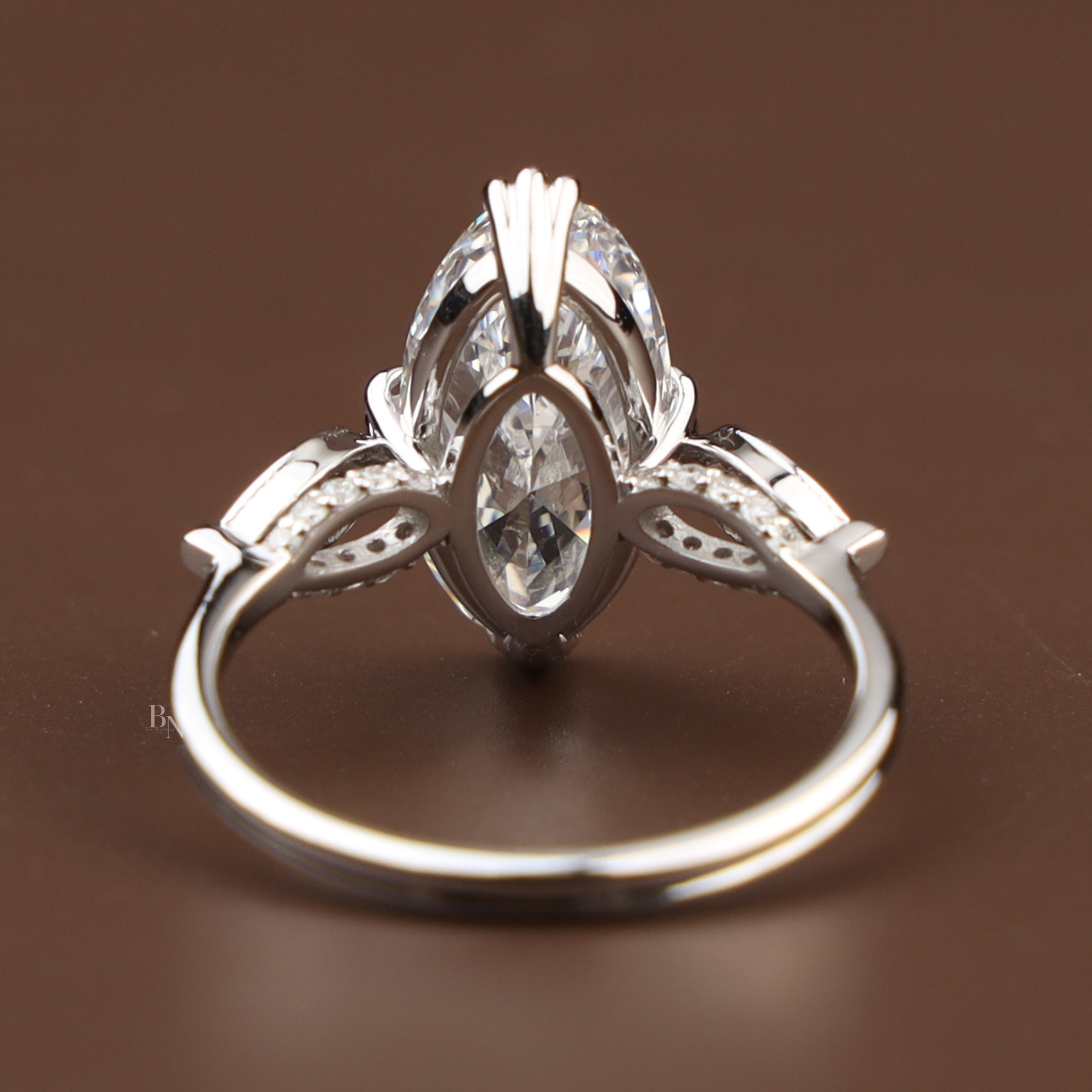 3ct Moval Cut Lab Grown Diamond Engagement Ring | 14K White Gold Vintage Solitaire | Milgrain Navette Band| Art Deco Promise