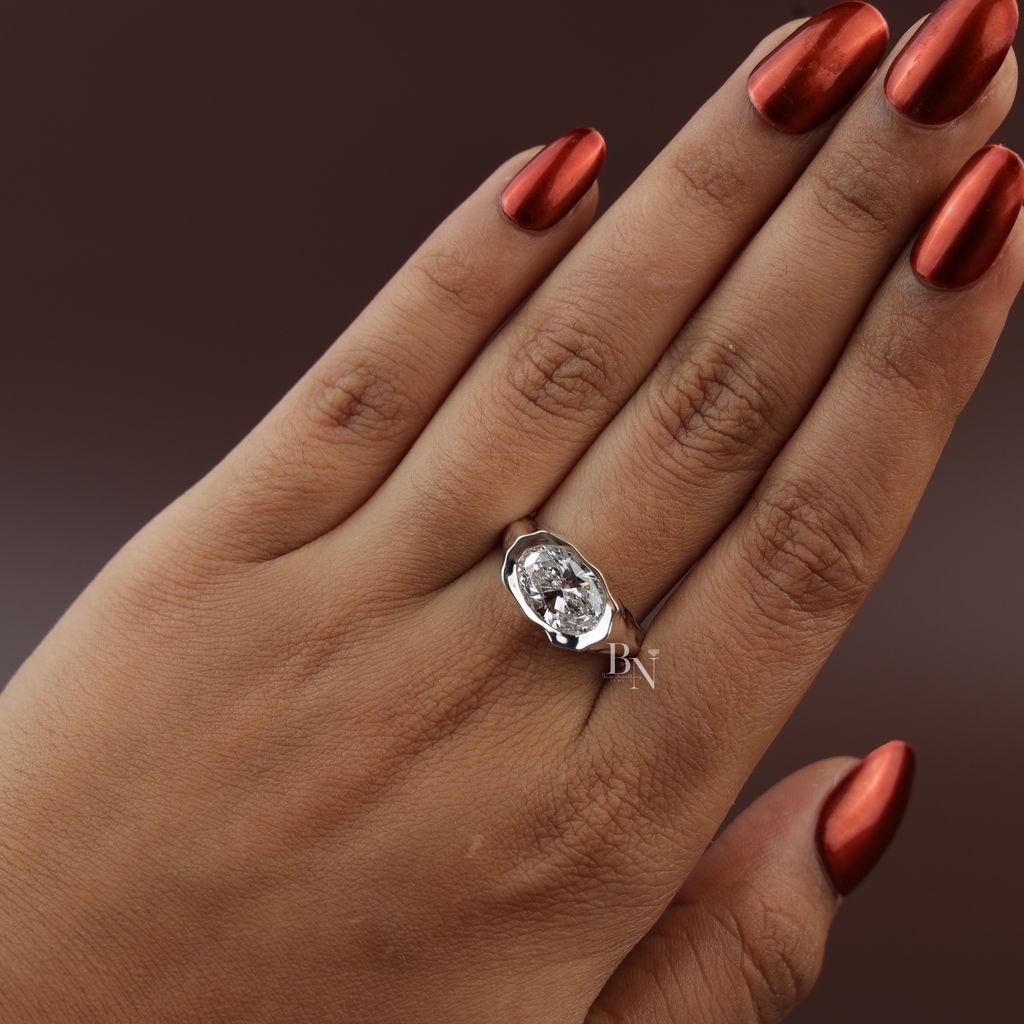3ct Oval Lab Diamond Molten Bezel Ring, Platinum Heavy Signet Engagement Ring, Unique Chunky Wedding Ring, Asymmetric Bridal Jewelry