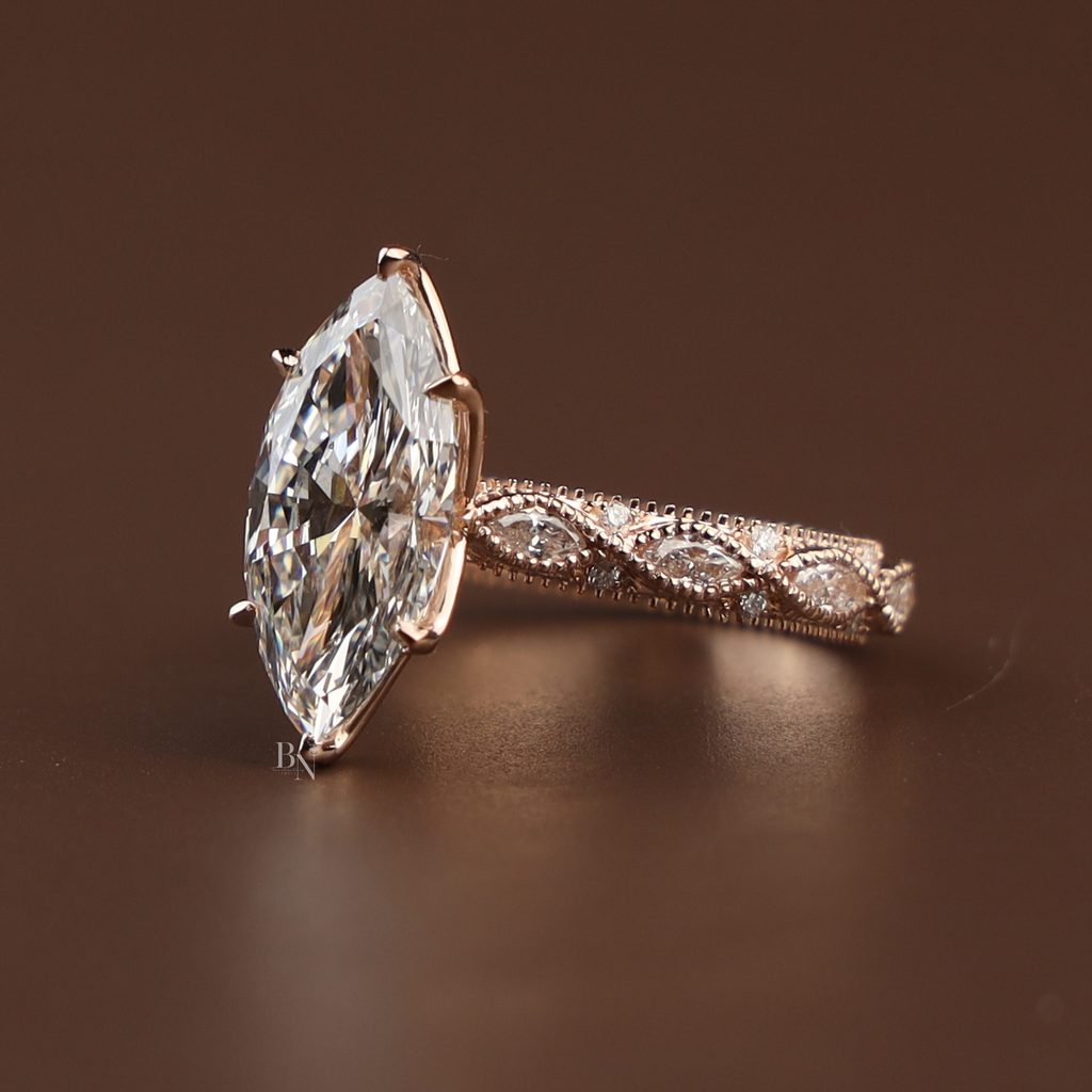 3ct Marquise Lab Grown Diamond Engagement Ring | Vintage Twisted Vine Rose Gold Band | Romantic Nature Inspired Solitaire |