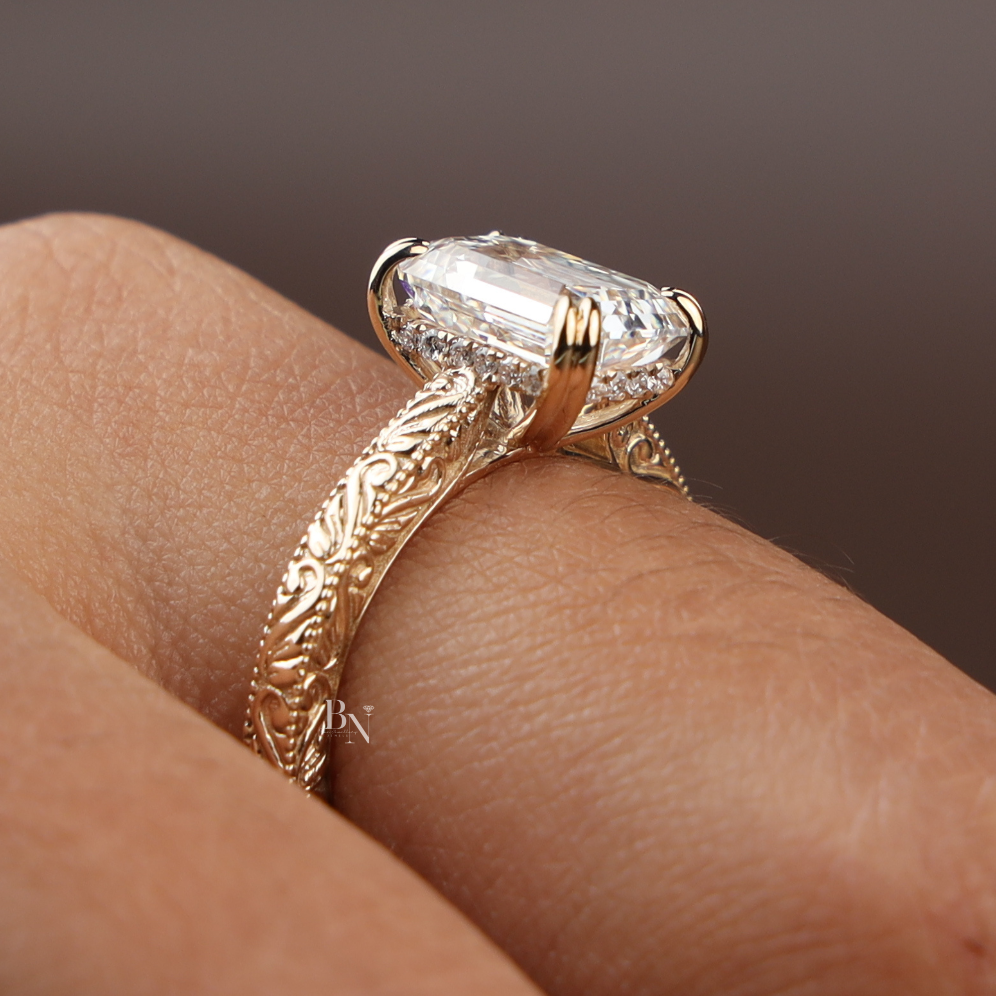 3ct Emerald Cut Lab Grown Diamond Engagement Ring | Vintage Engraved Gold Solitaire | Art Deco Antique Inspired |