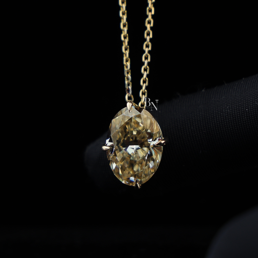 6 Carat Fancy Yellow Oval Moissanite Necklace , Yellow Gold Solitaire Pendant , Sparkling Statement Necklace
