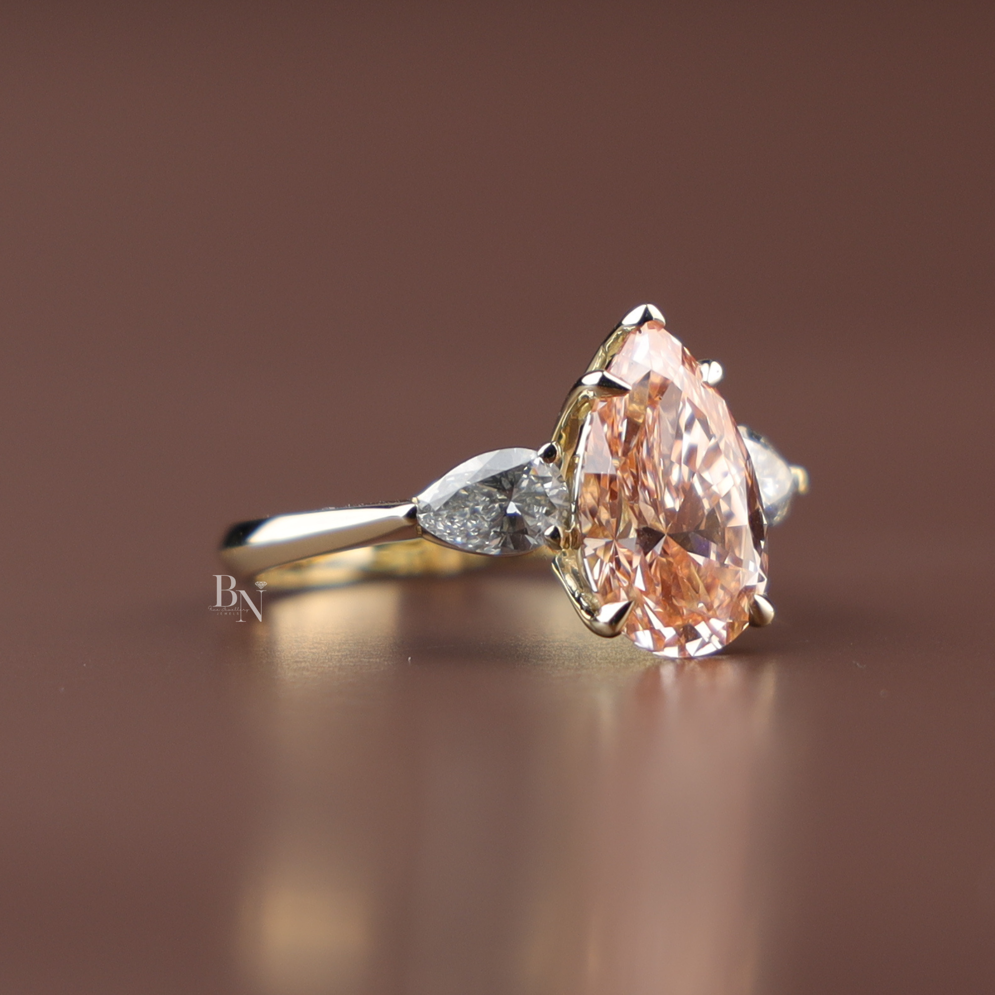 3ct Fancy Pink Pear Cut Lab Grown Diamond Engagement Ring | 14K Yellow Gold 3 Stone Ring | Tapered Bridal Wedding Fine Jewelry