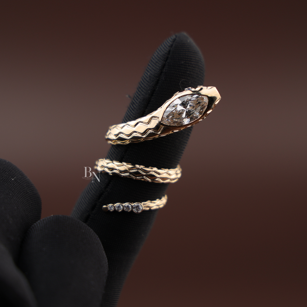 1ct Marquise Lab Diamond Snake Ring , 14K Yellow Gold Serpent Wrap Ring , Symbolic Animal Engagement Ring