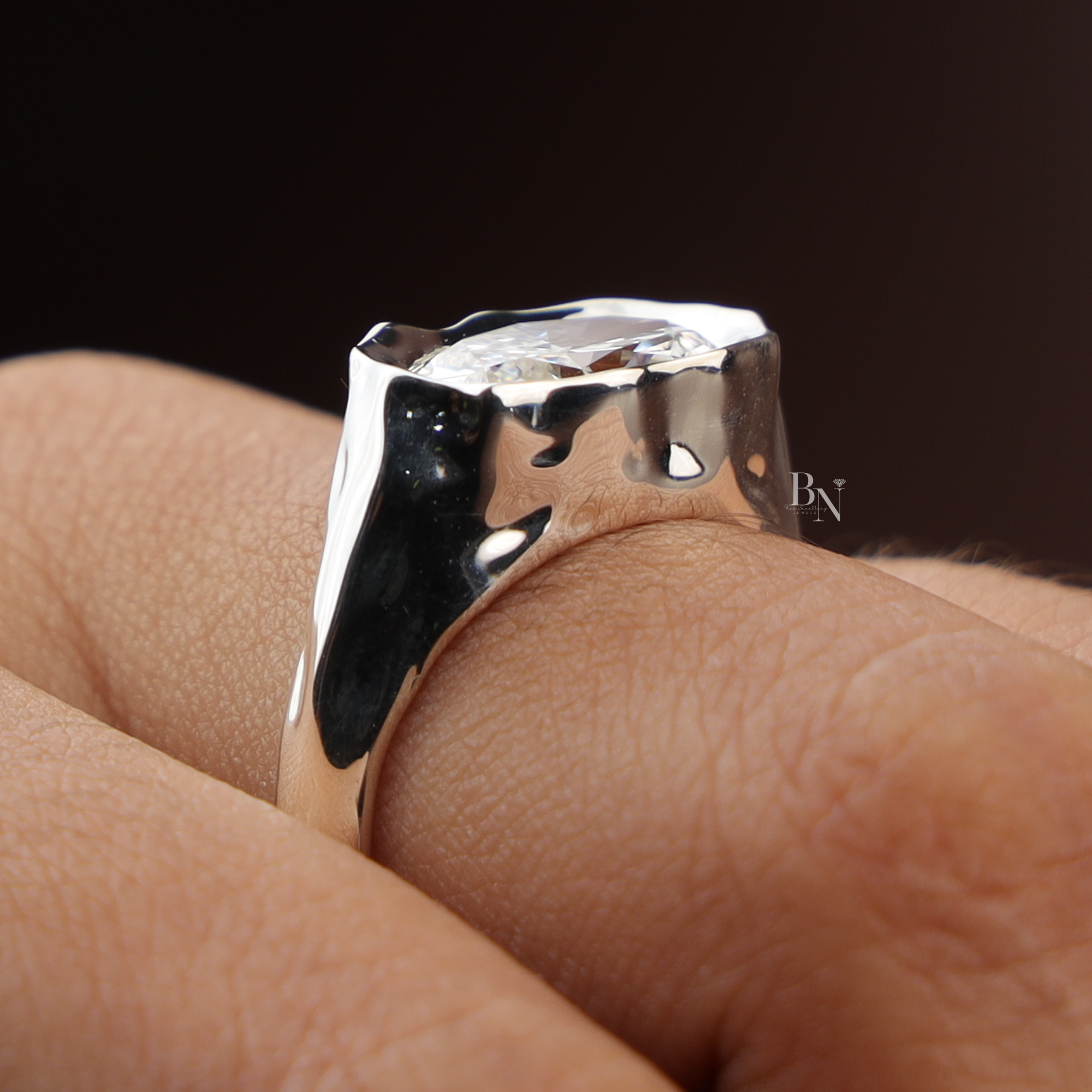 3ct Oval Lab Diamond Molten Bezel Ring, Platinum Heavy Signet Engagement Ring, Unique Chunky Wedding Ring, Asymmetric Bridal Jewelry