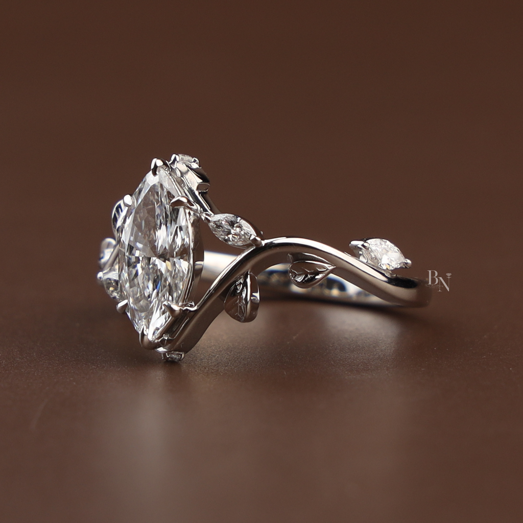 1ct Marquise Lab Diamond Engagement Ring | Nature Vine Leaf Setting | 14k White Gold Bridal Ring | Marquise Cut Anniversary Gift for Her